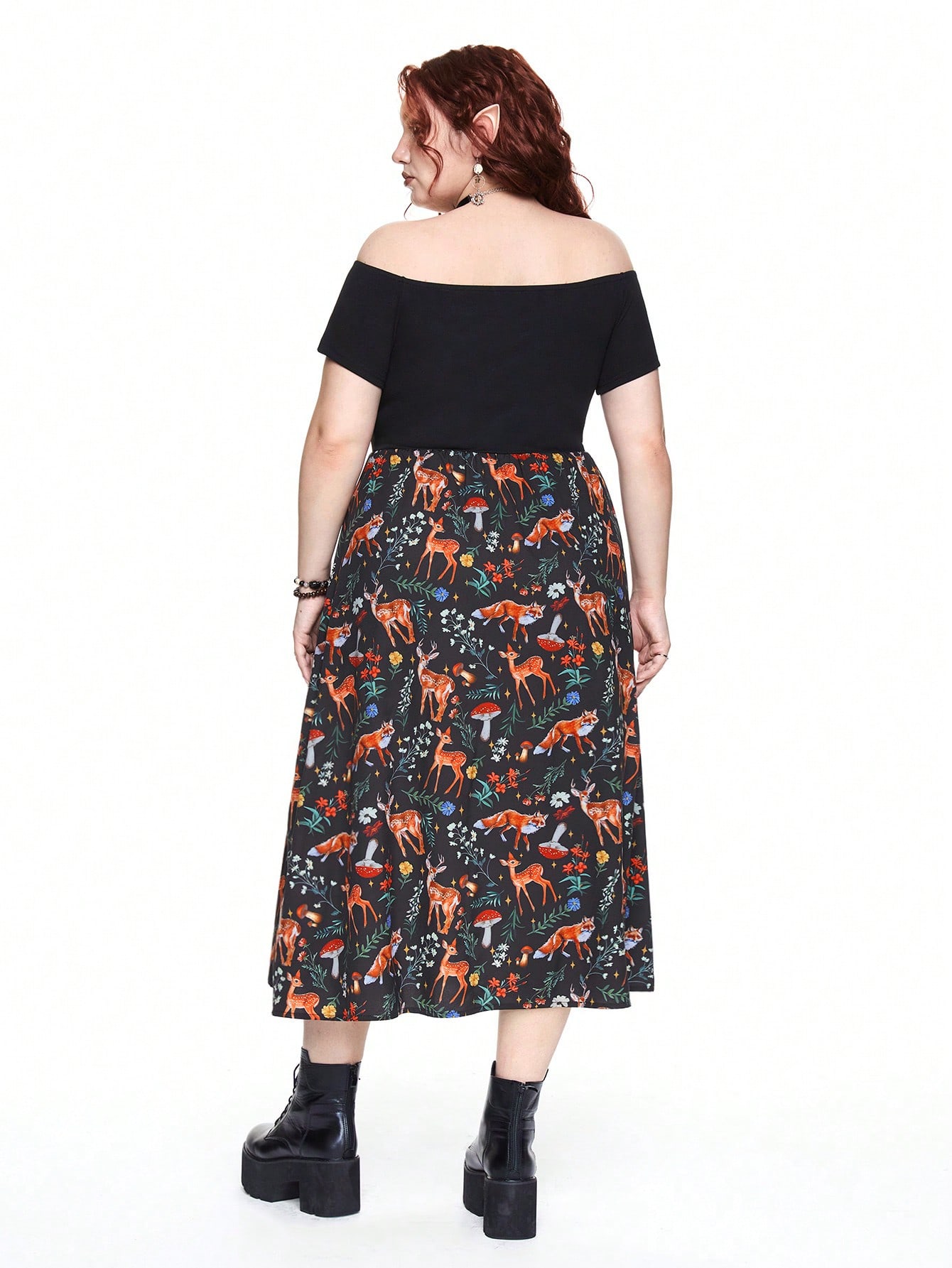 Fairycore Plus Size Mushroom Print Off-Shoulder Split Hem Short Sleeve Dress