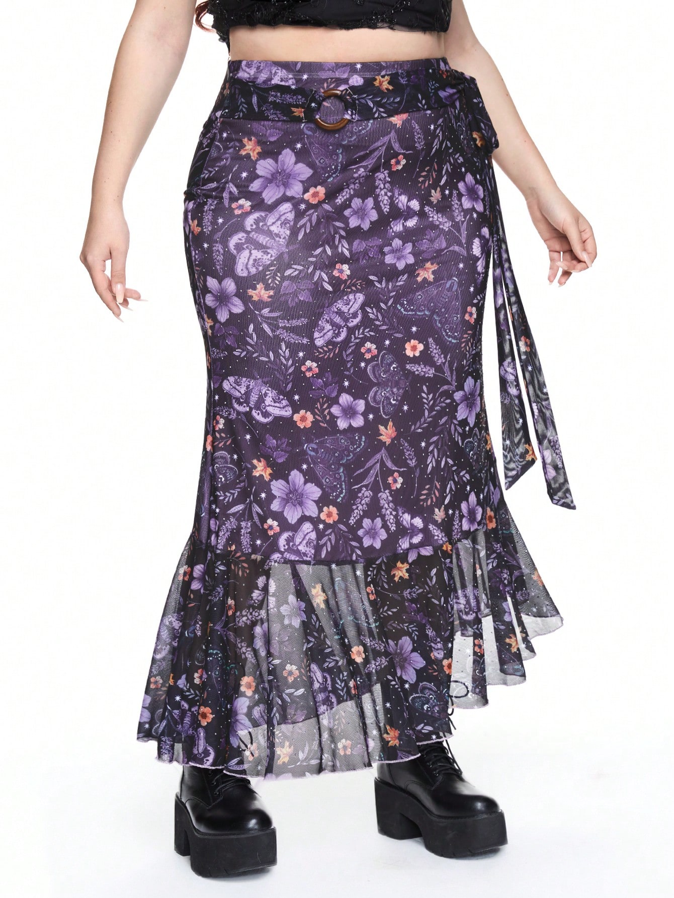 Fairycore Plus Size Fashion Flower & Moth Print Ruffled Hem Skirt