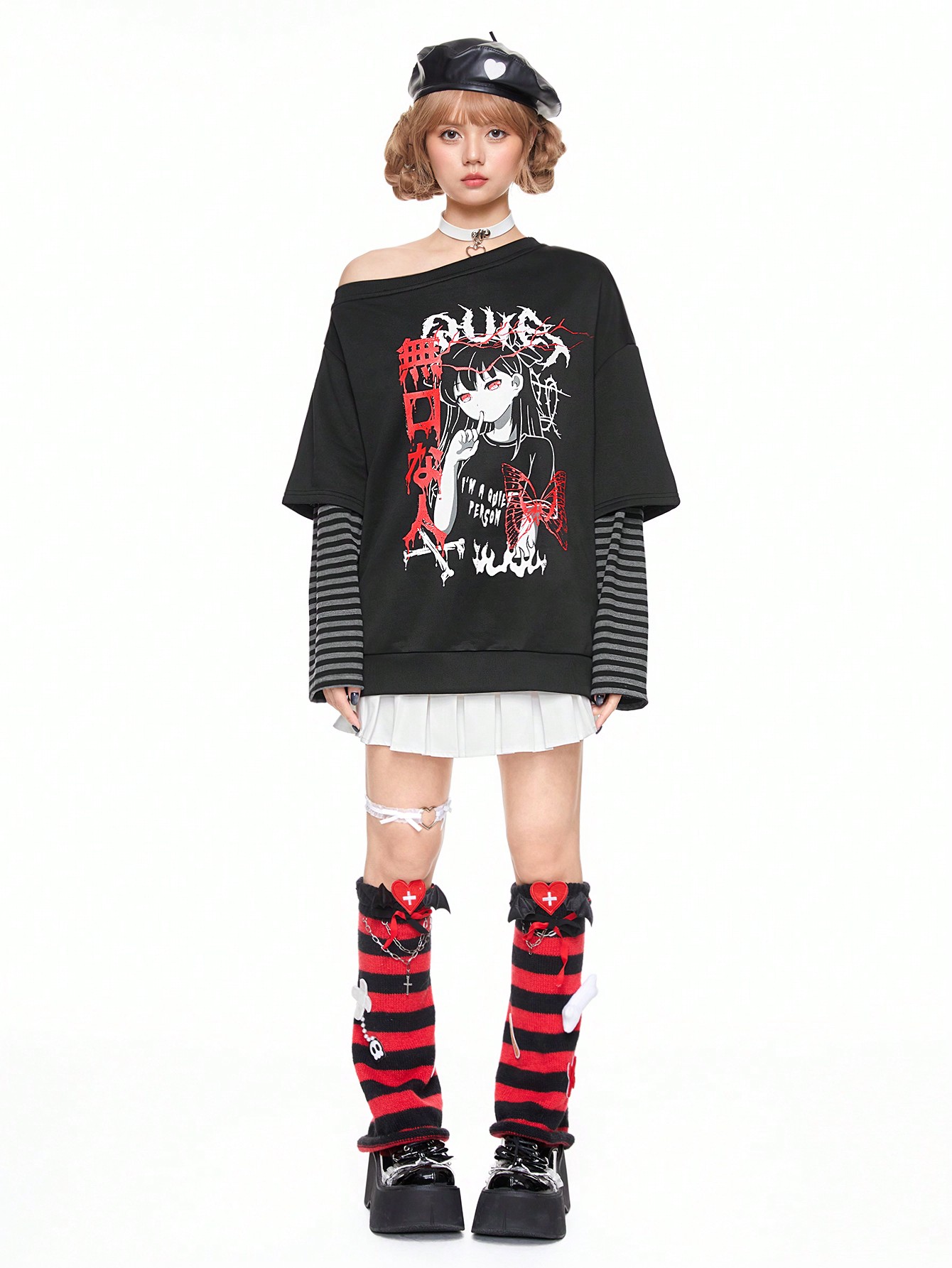 Anime Women's Cartoon Pattern Oblique Shoulder Splicing Sweatshirt