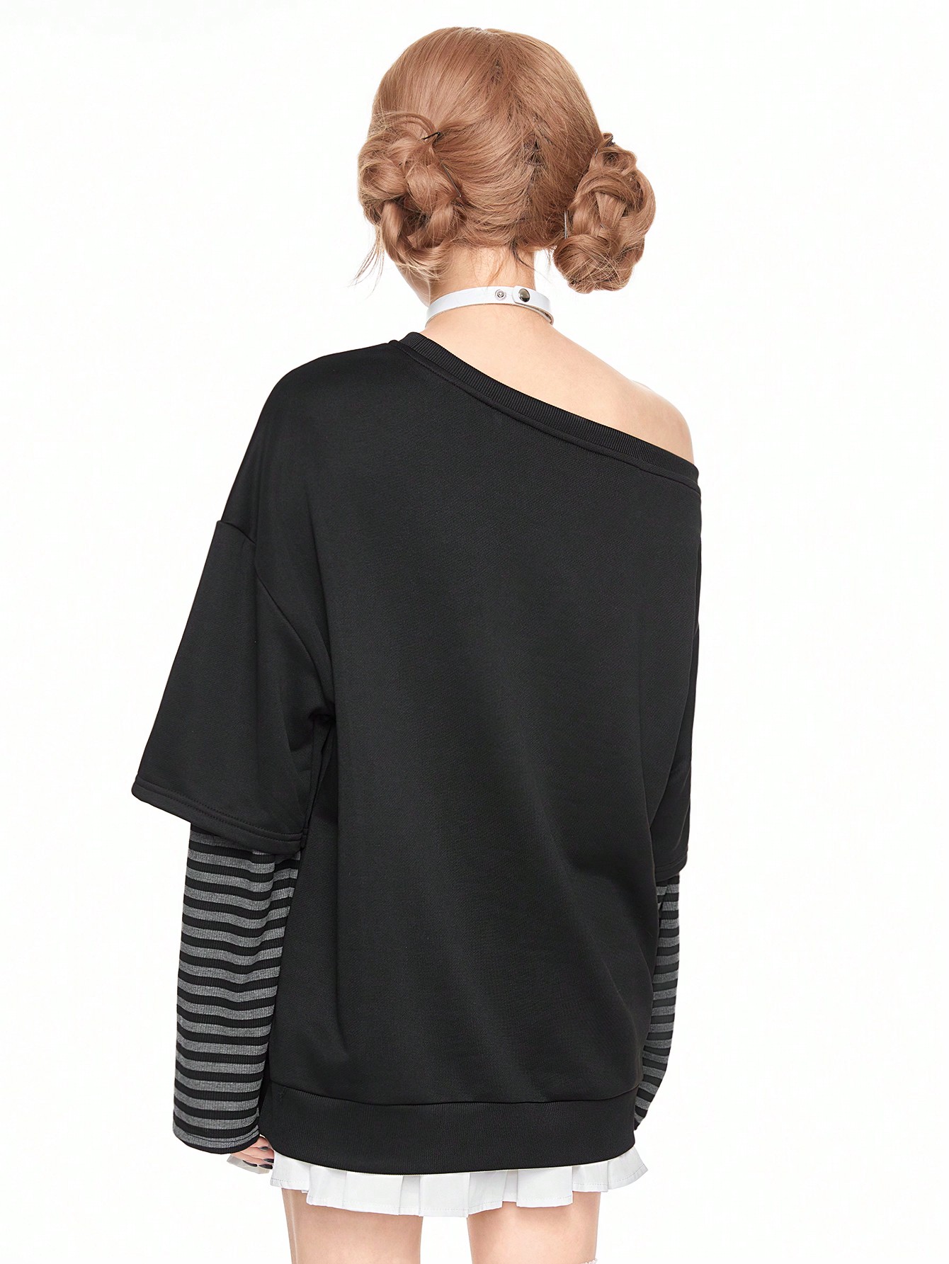 Anime Women's Cartoon Pattern Oblique Shoulder Splicing Sweatshirt