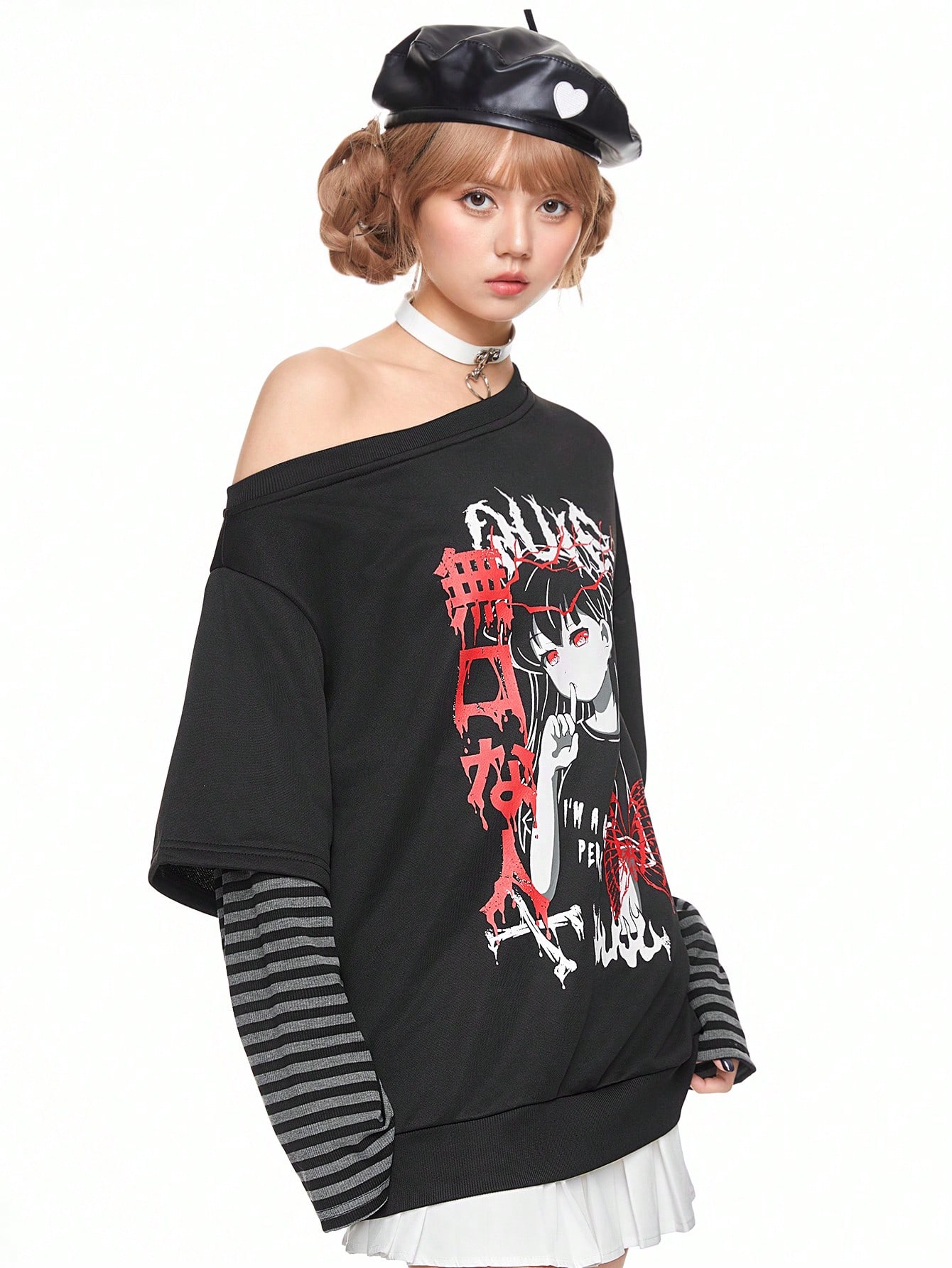 Anime Women's Cartoon Pattern Oblique Shoulder Splicing Sweatshirt