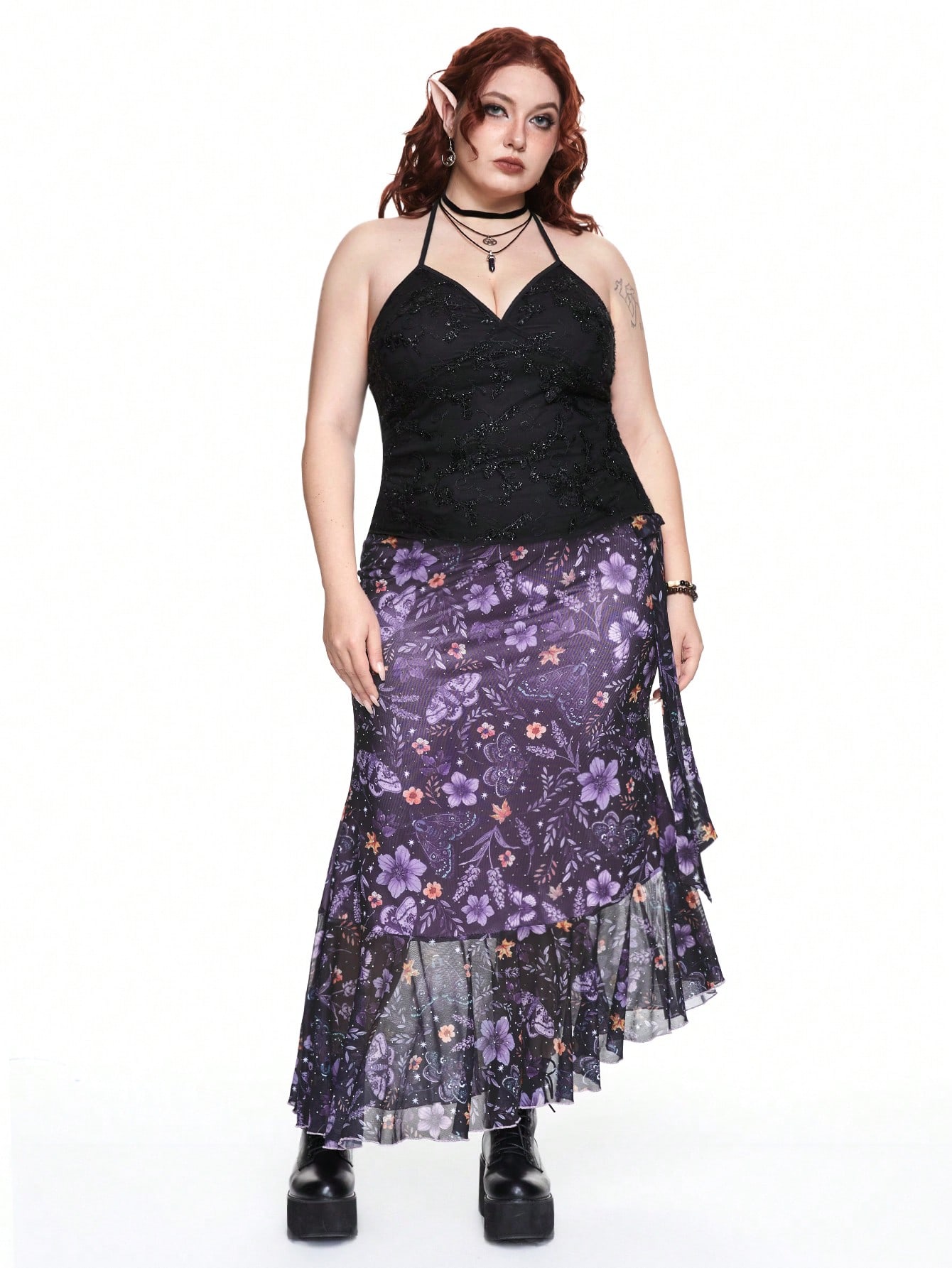 Fairycore Plus Size Fashion Flower & Moth Print Ruffled Hem Skirt