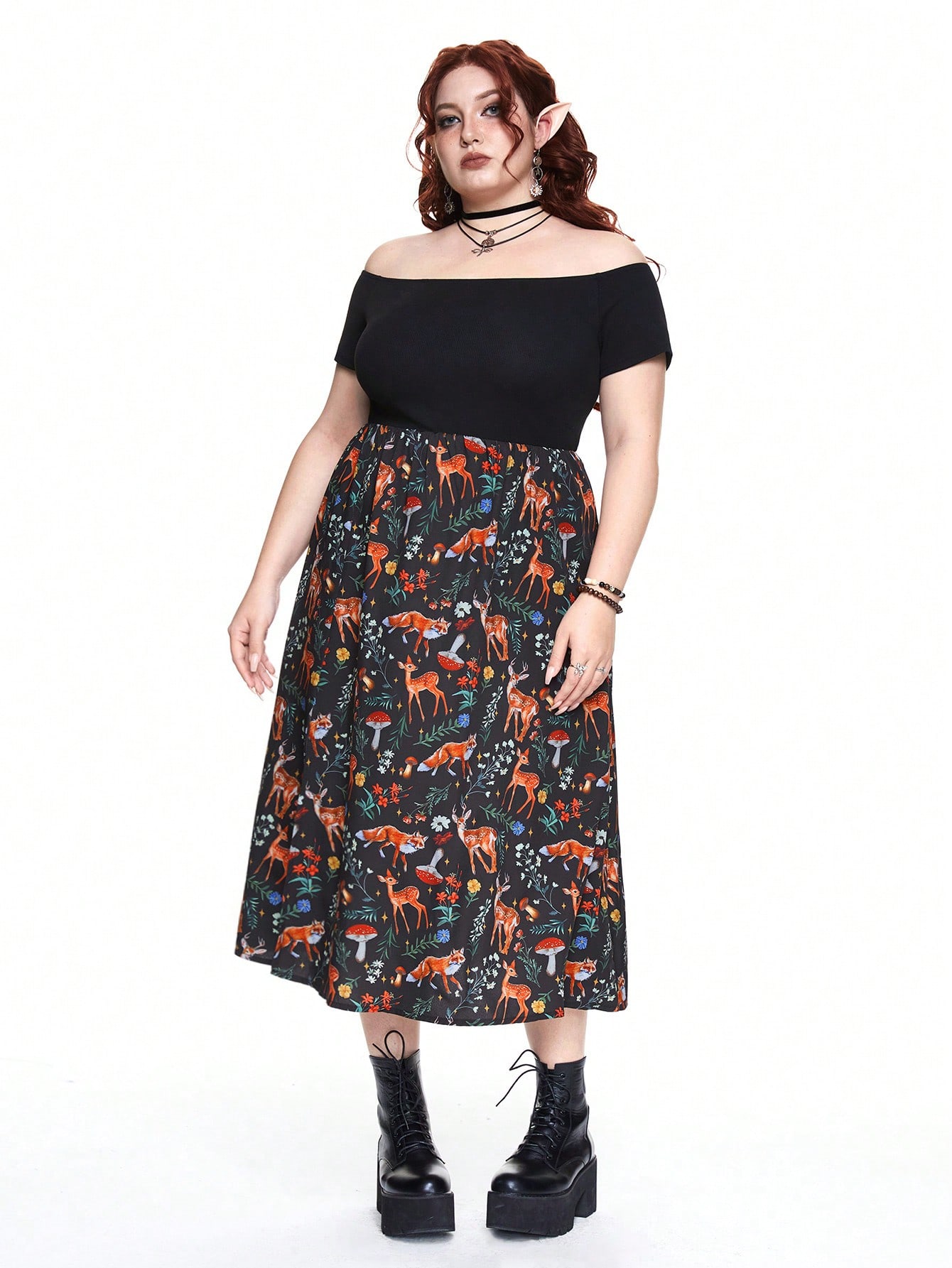 Fairycore Plus Size Mushroom Print Off-Shoulder Split Hem Short Sleeve Dress