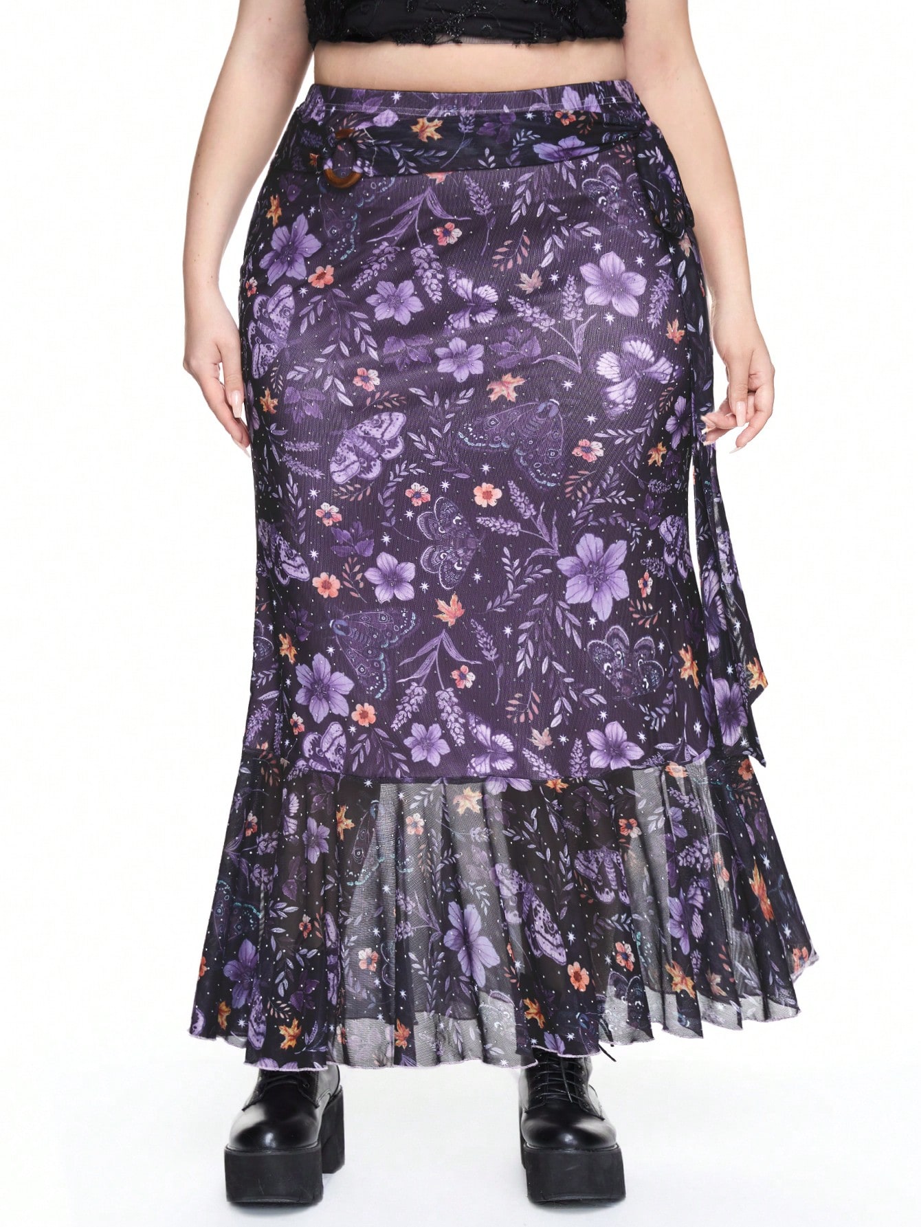 Fairycore Plus Size Fashion Flower & Moth Print Ruffled Hem Skirt
