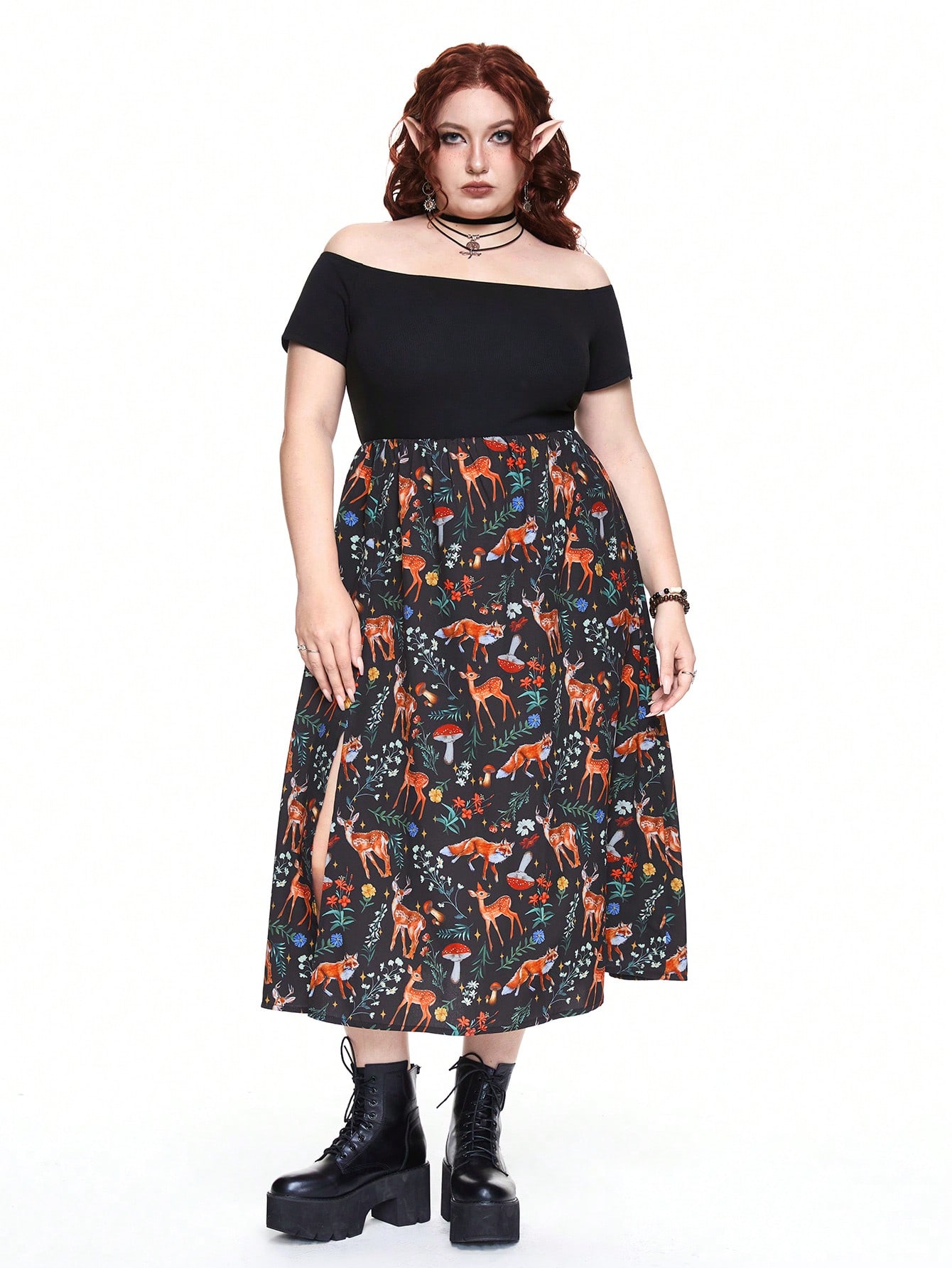 Fairycore Plus Size Mushroom Print Off-Shoulder Split Hem Short Sleeve Dress