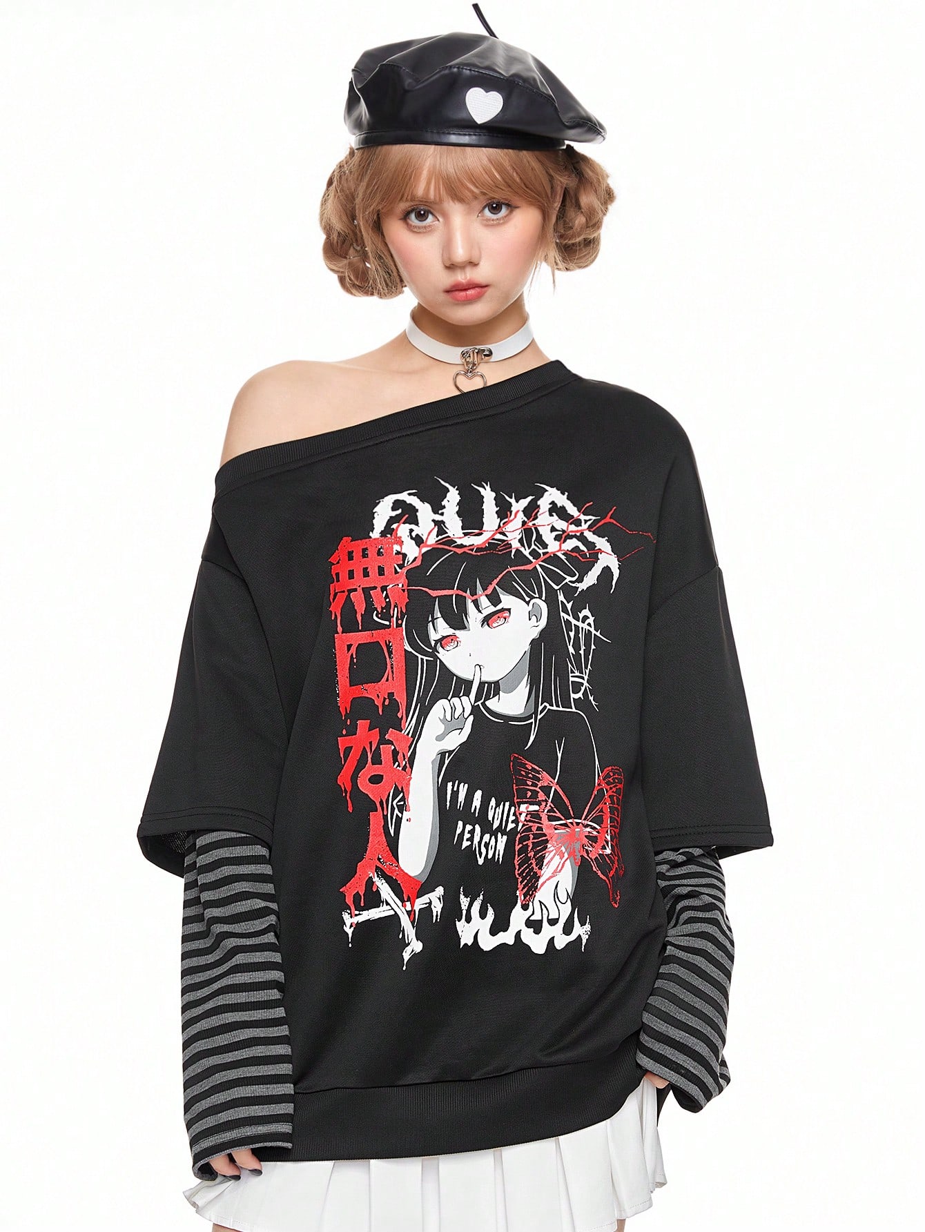 Anime Women's Cartoon Pattern Oblique Shoulder Splicing Sweatshirt