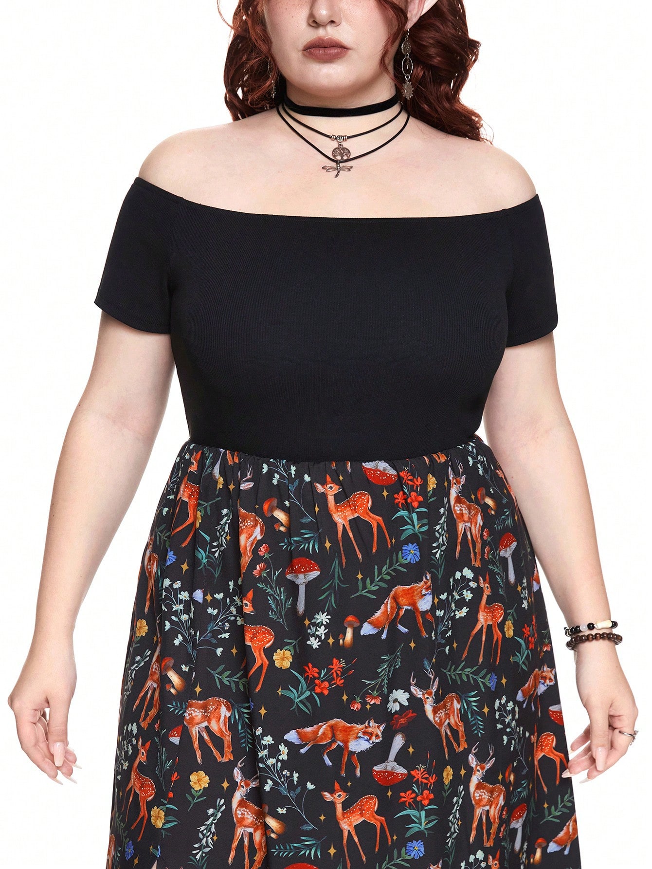 Fairycore Plus Size Mushroom Print Off-Shoulder Split Hem Short Sleeve Dress