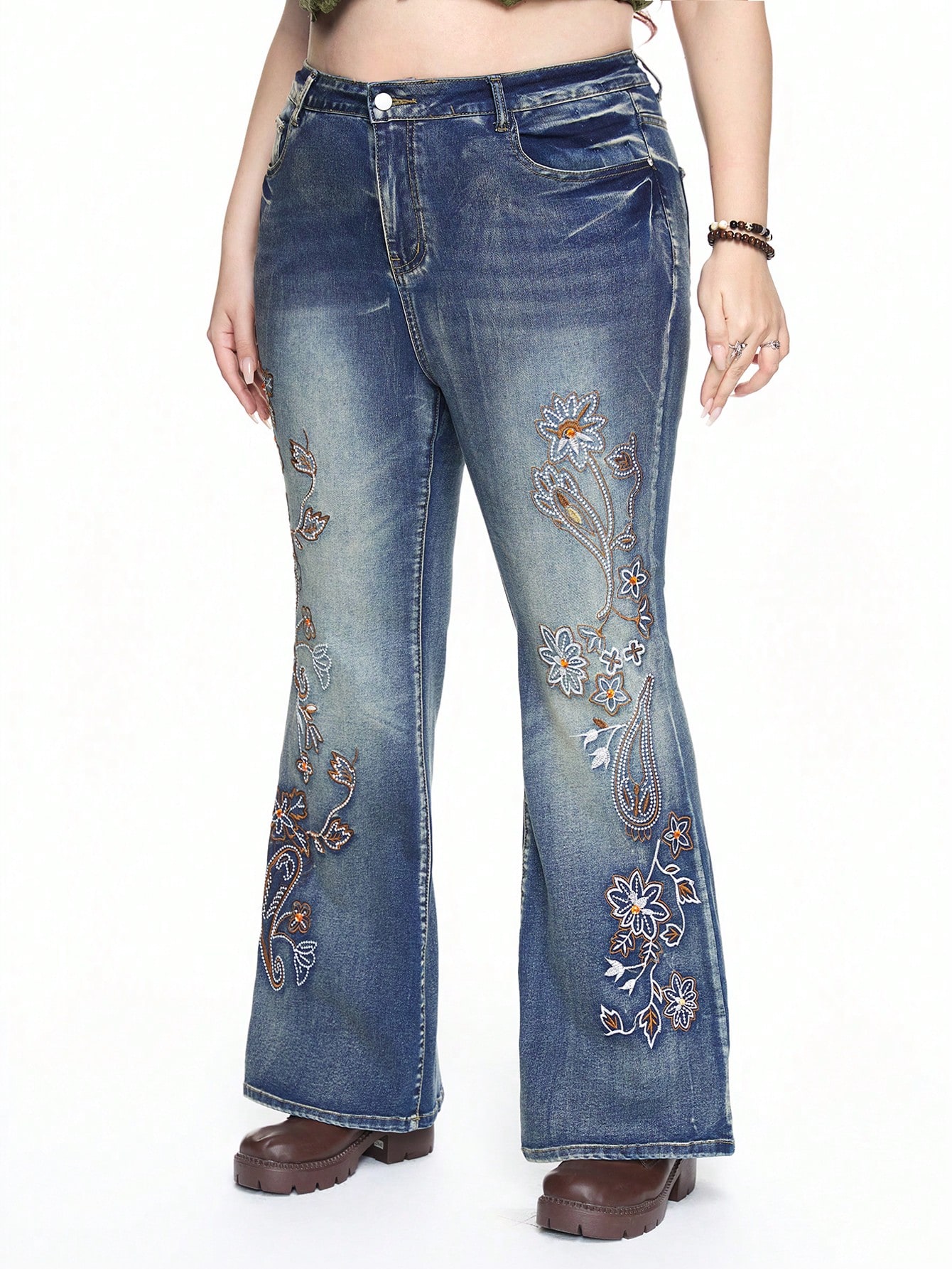 Fairycore Plus Size Women's Vintage Vine Embroidery Pearl Beaded Paisley Floral Print Flared Leg Jeans Pants