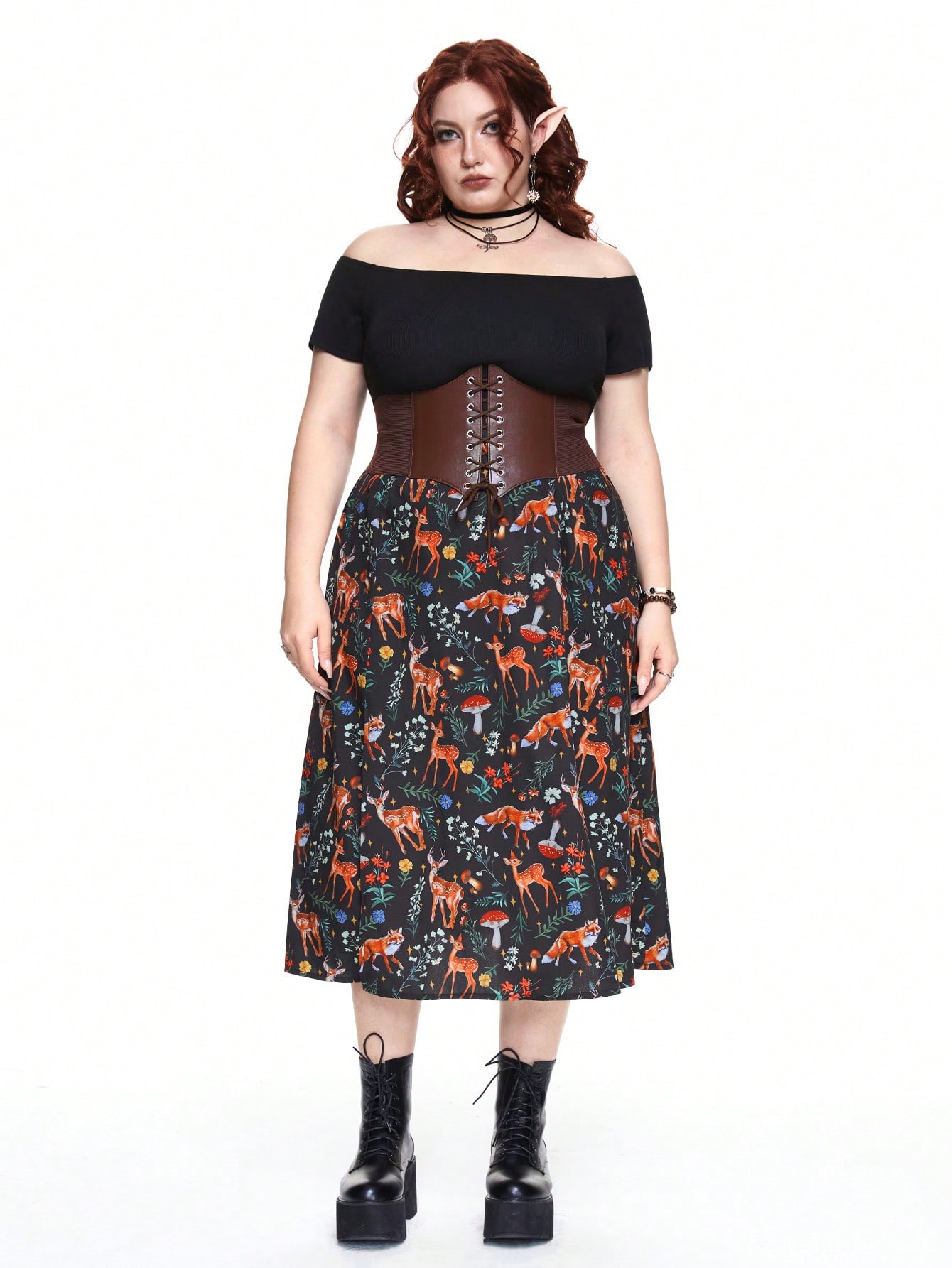 Fairycore Plus Size Mushroom Print Off-Shoulder Split Hem Short Sleeve Dress