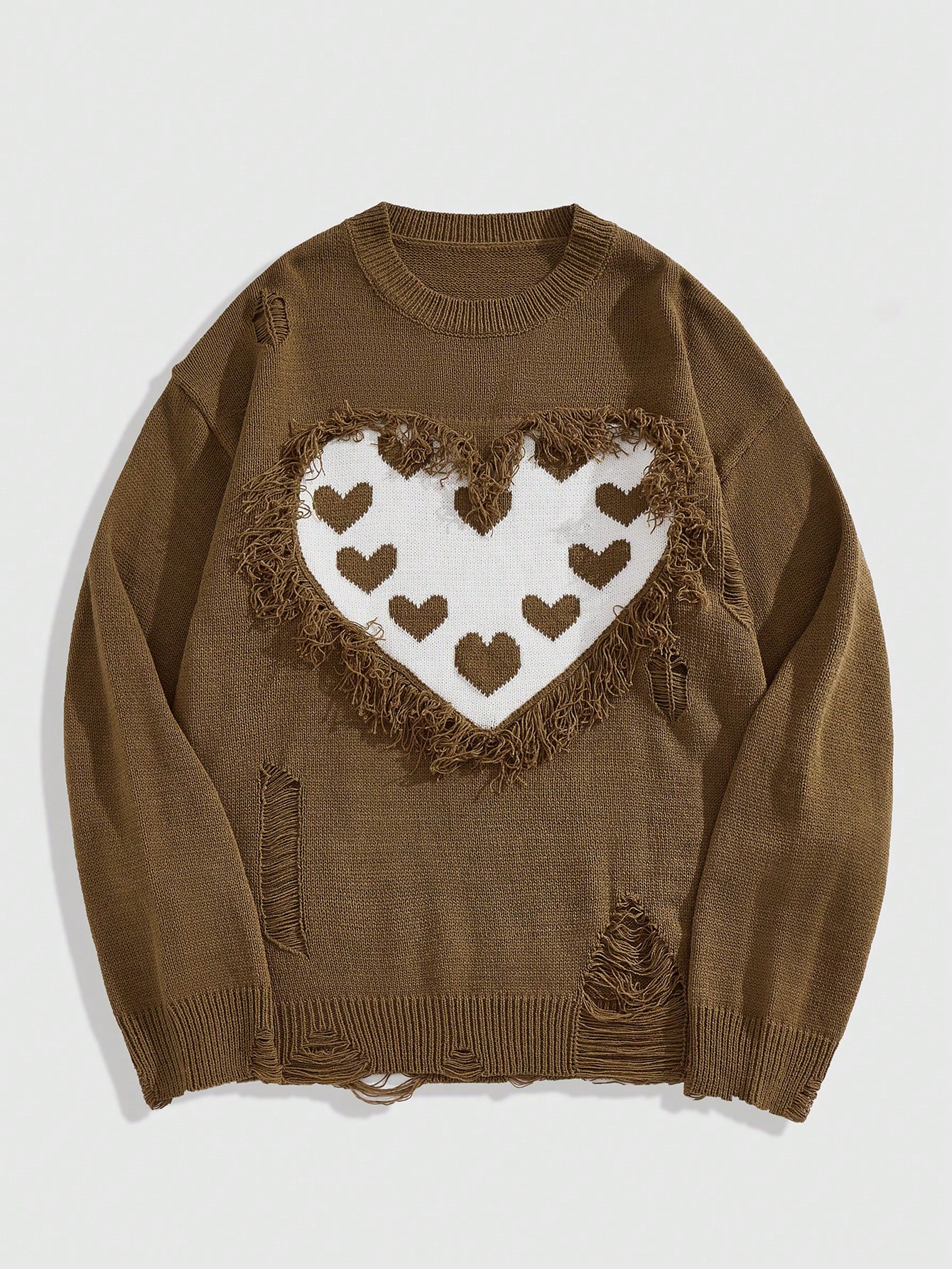 Street Life Men's Valentine's Day Contrast Color Heart Shape Distressed Fringe Trim Sweater
