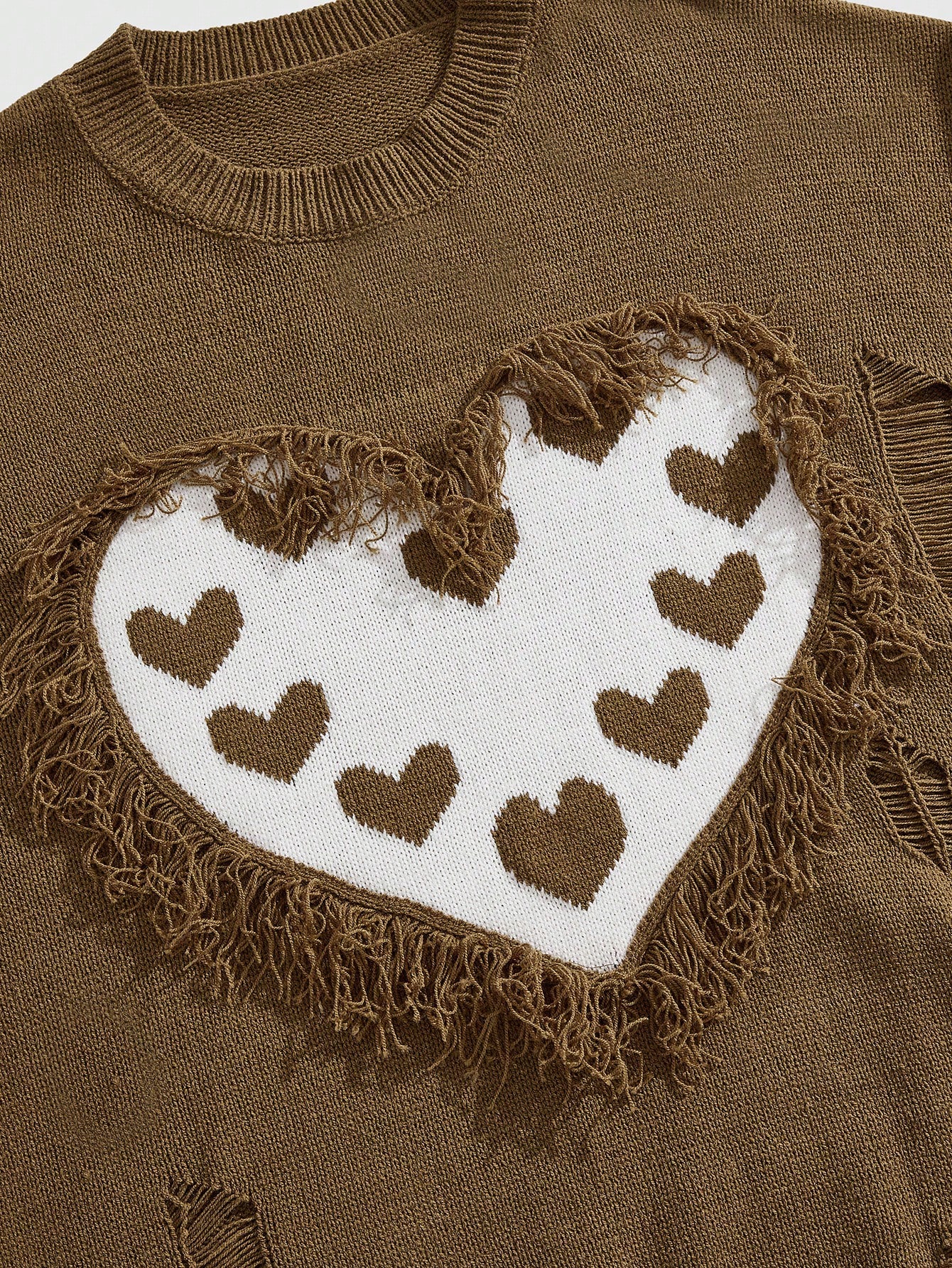 Street Life Men's Valentine's Day Contrast Color Heart Shape Distressed Fringe Trim Sweater