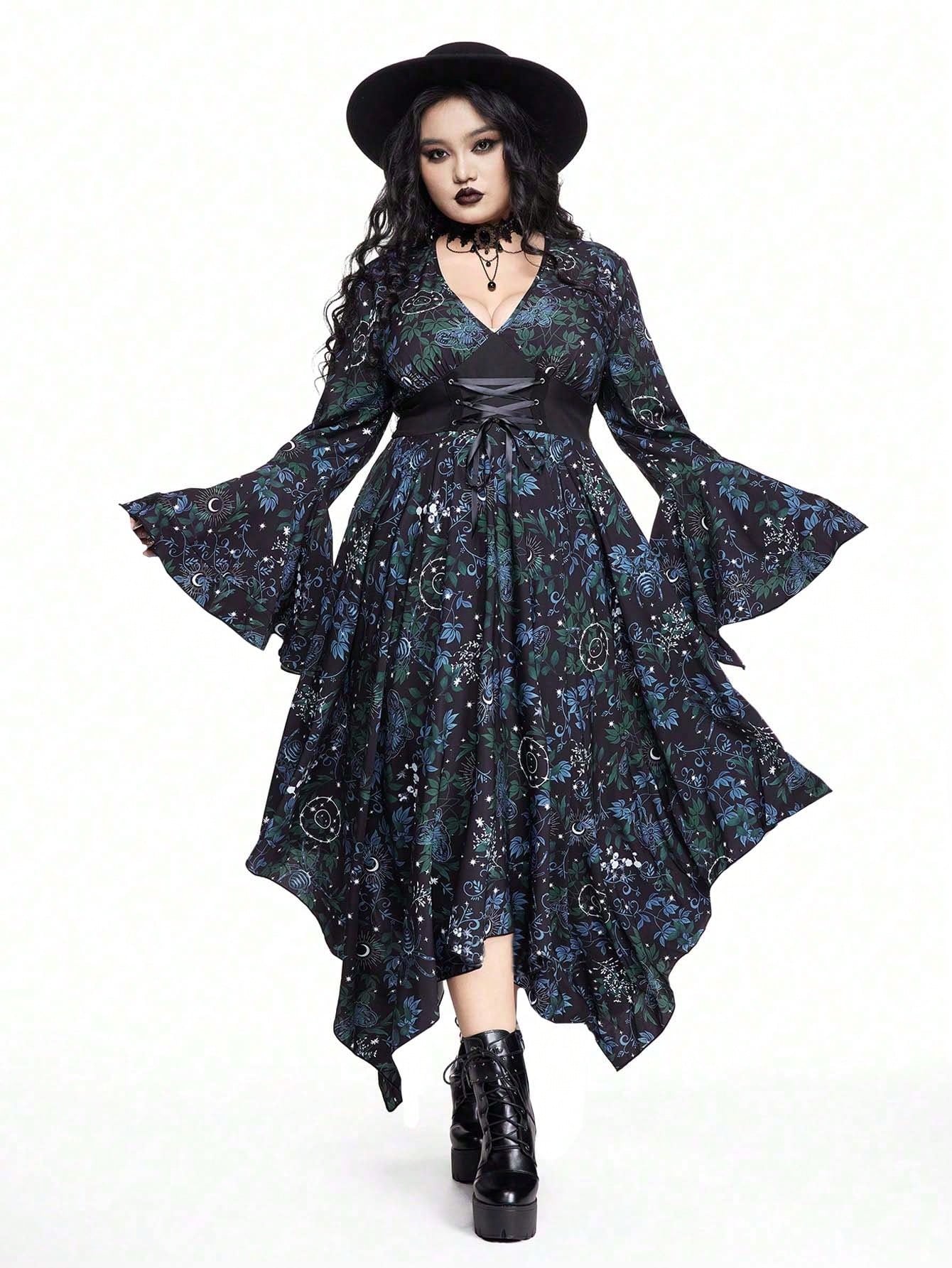 Goth Plus Size Sexy Gothic Deep V Flare Sleeve Asymmetrical Hem Floral Print Waist Cinched Dress