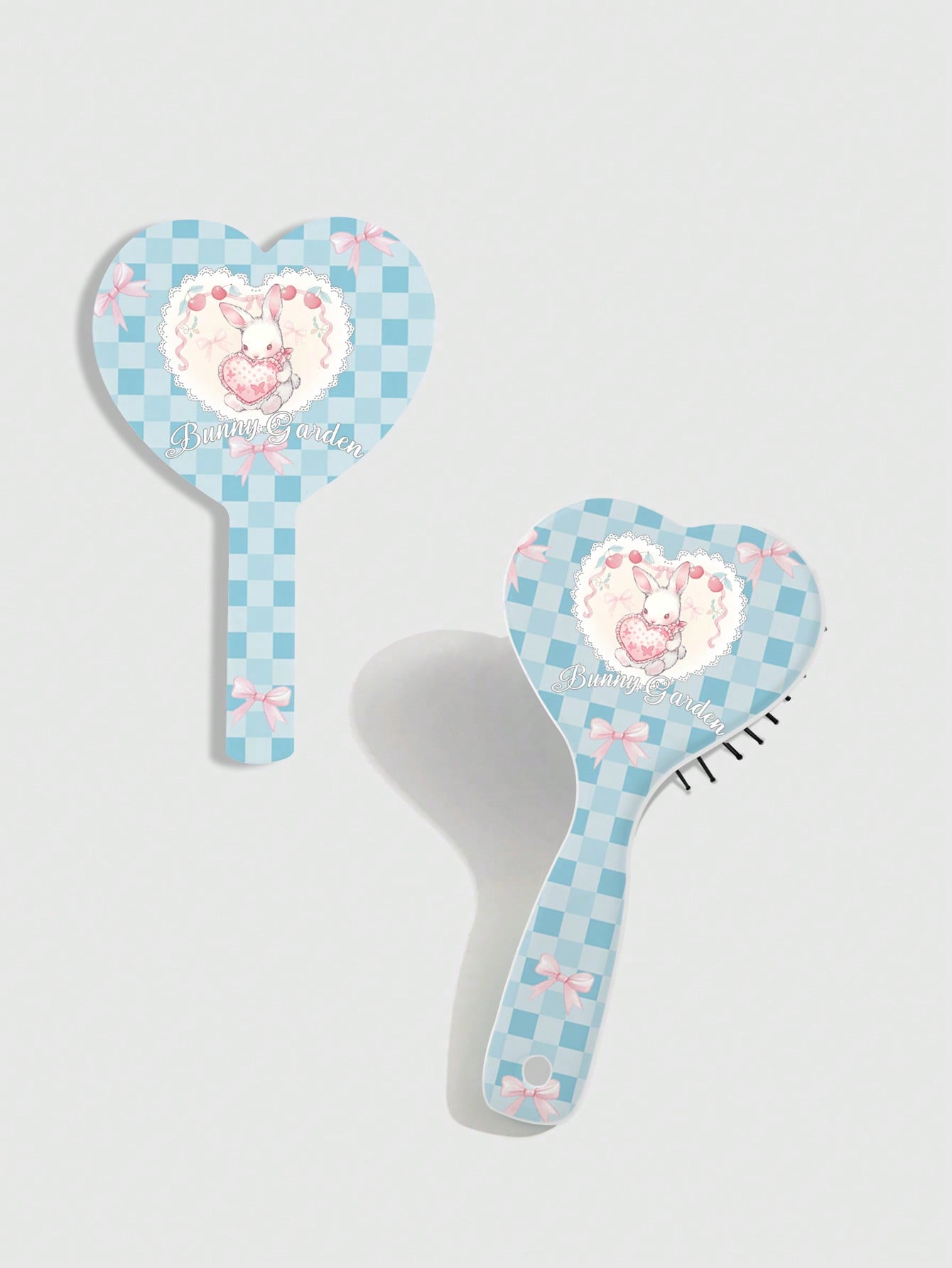 Kawaii 1 Set Bow Heart Plaid Rabbit Design Cute Portable Heart Comb And Heart Mirror Set