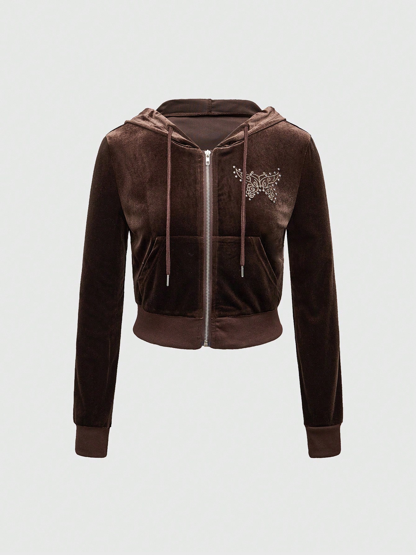 J-Fashion Women's Y2K Sexy Velvet Hooded Two-Piece Set With Butterfly Embroidery & Rhinestones