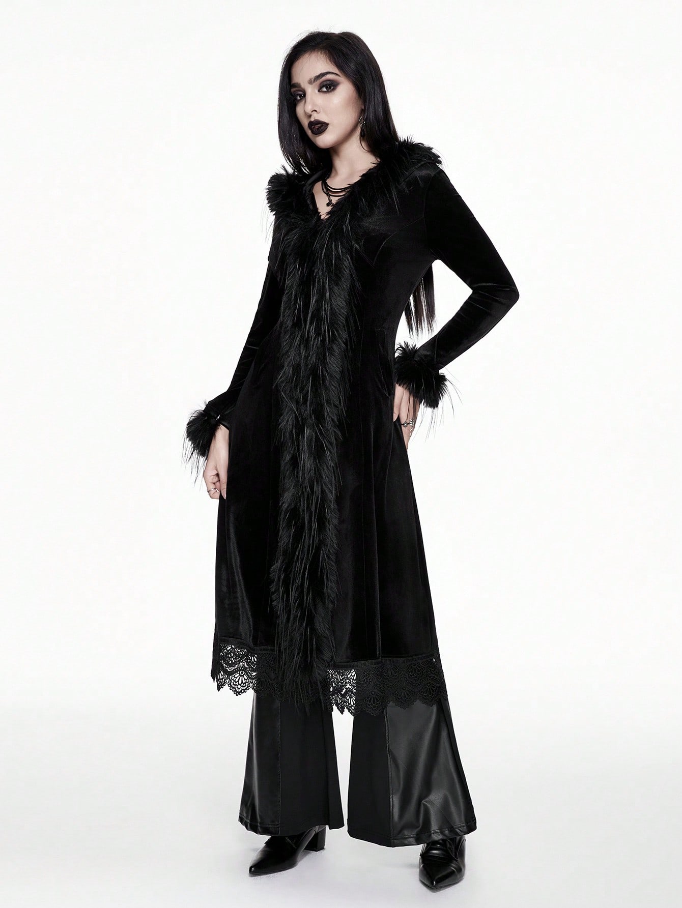 Goth New Year Gothic Style Fuzzy Patchwork Plush Solid Color Regular Jacket For Women, Warm Autumn/Winter
