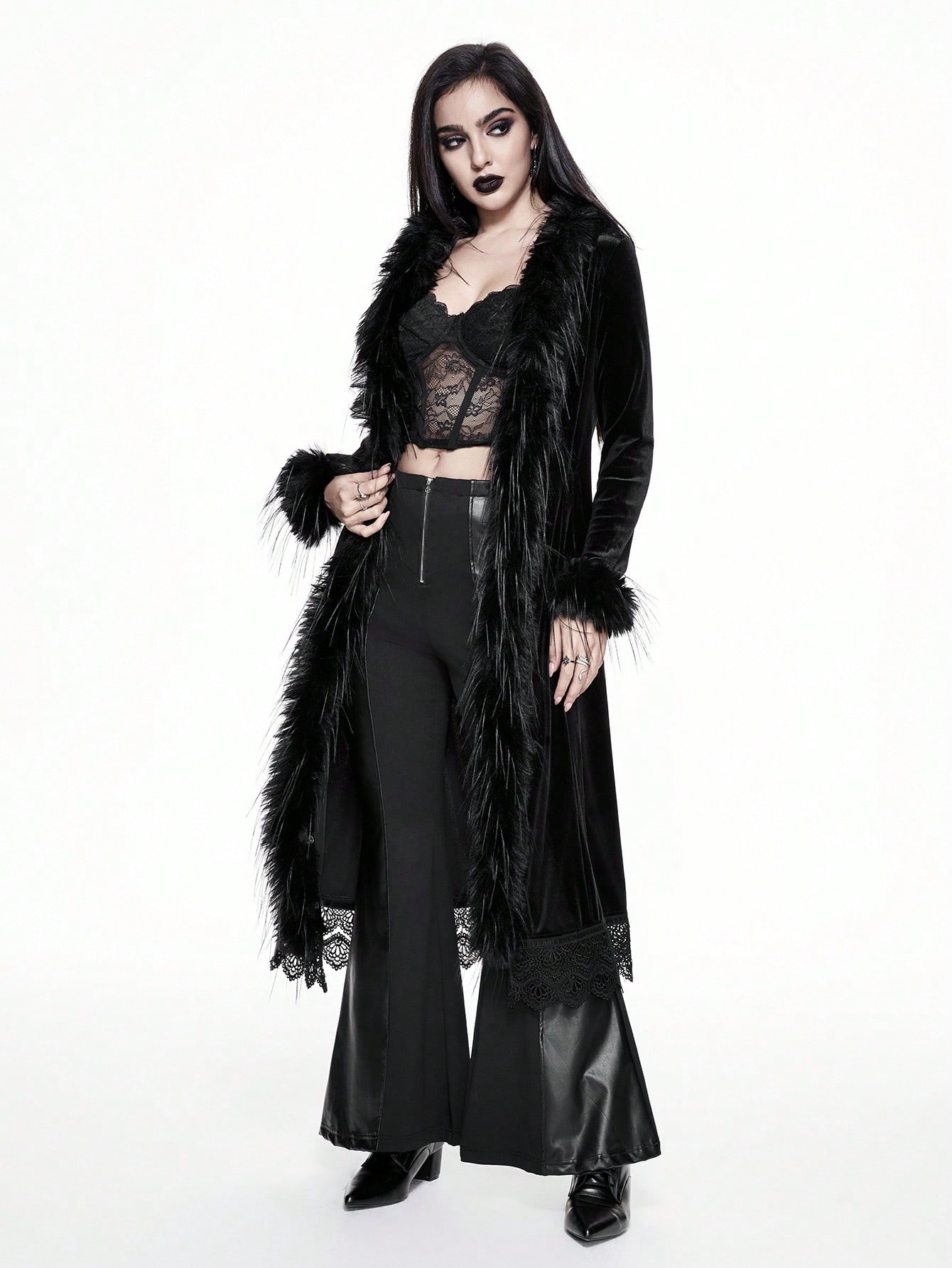 Goth New Year Gothic Style Fuzzy Patchwork Plush Solid Color Regular Jacket For Women, Warm Autumn/Winter