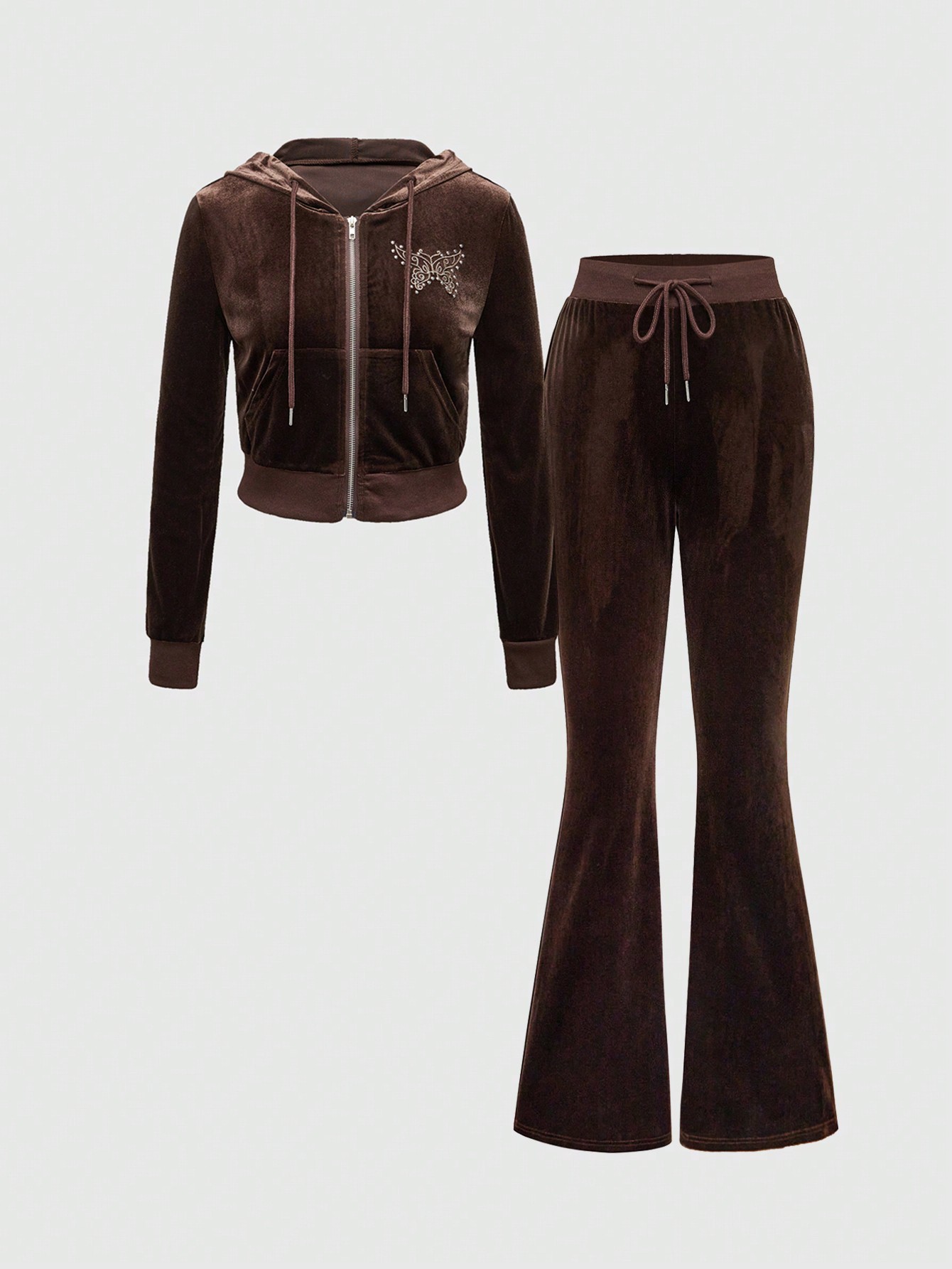 J-Fashion Women's Y2K Sexy Velvet Hooded Two-Piece Set With Butterfly Embroidery & Rhinestones