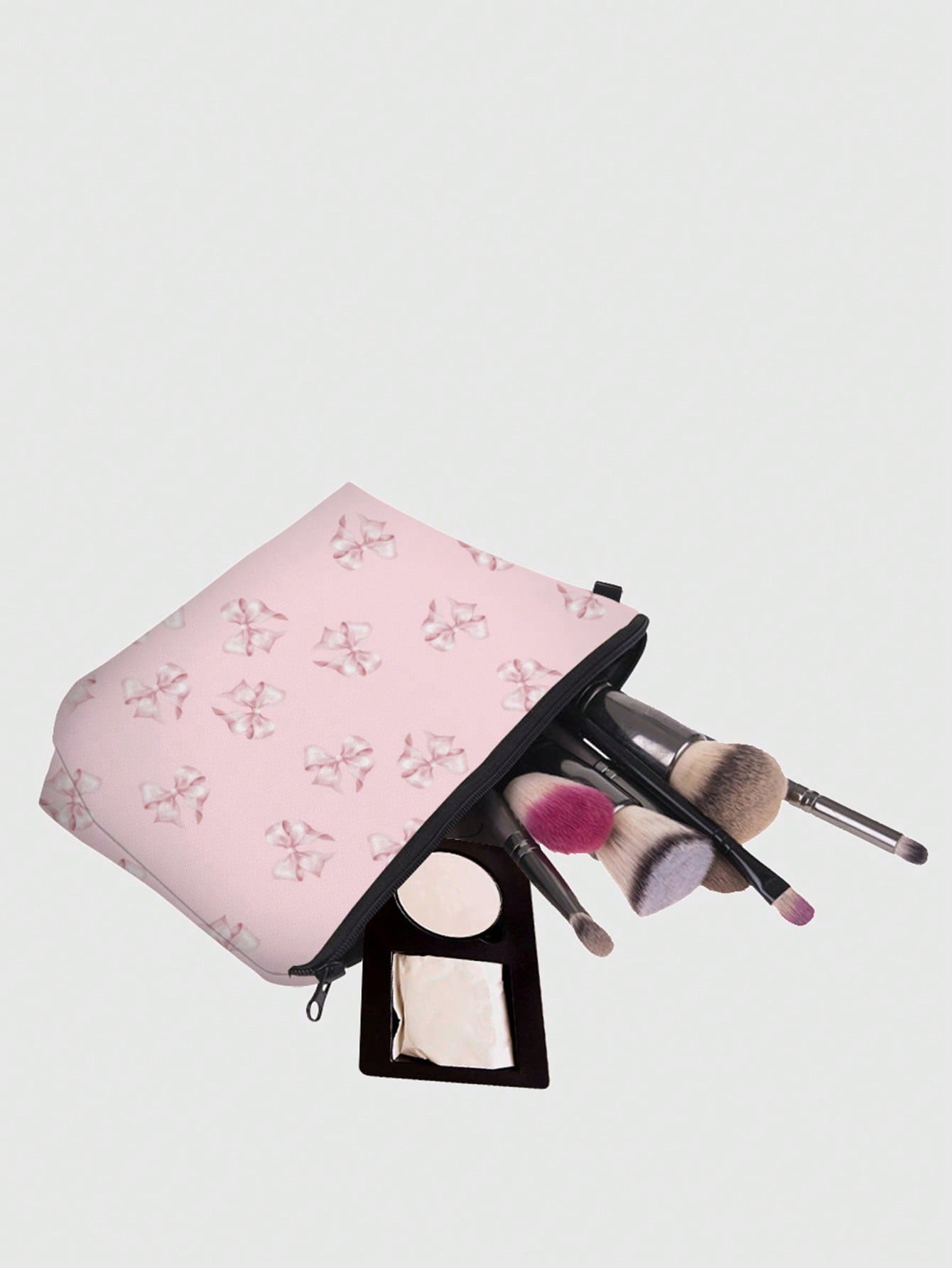 Kawaii Floral Design #401422 Pink Bow Pattern Polyester Portable Zipper Cosmetic Bag, Women's Makeup Bag Travel Organizer Toiletry Bag, Holiday Gift