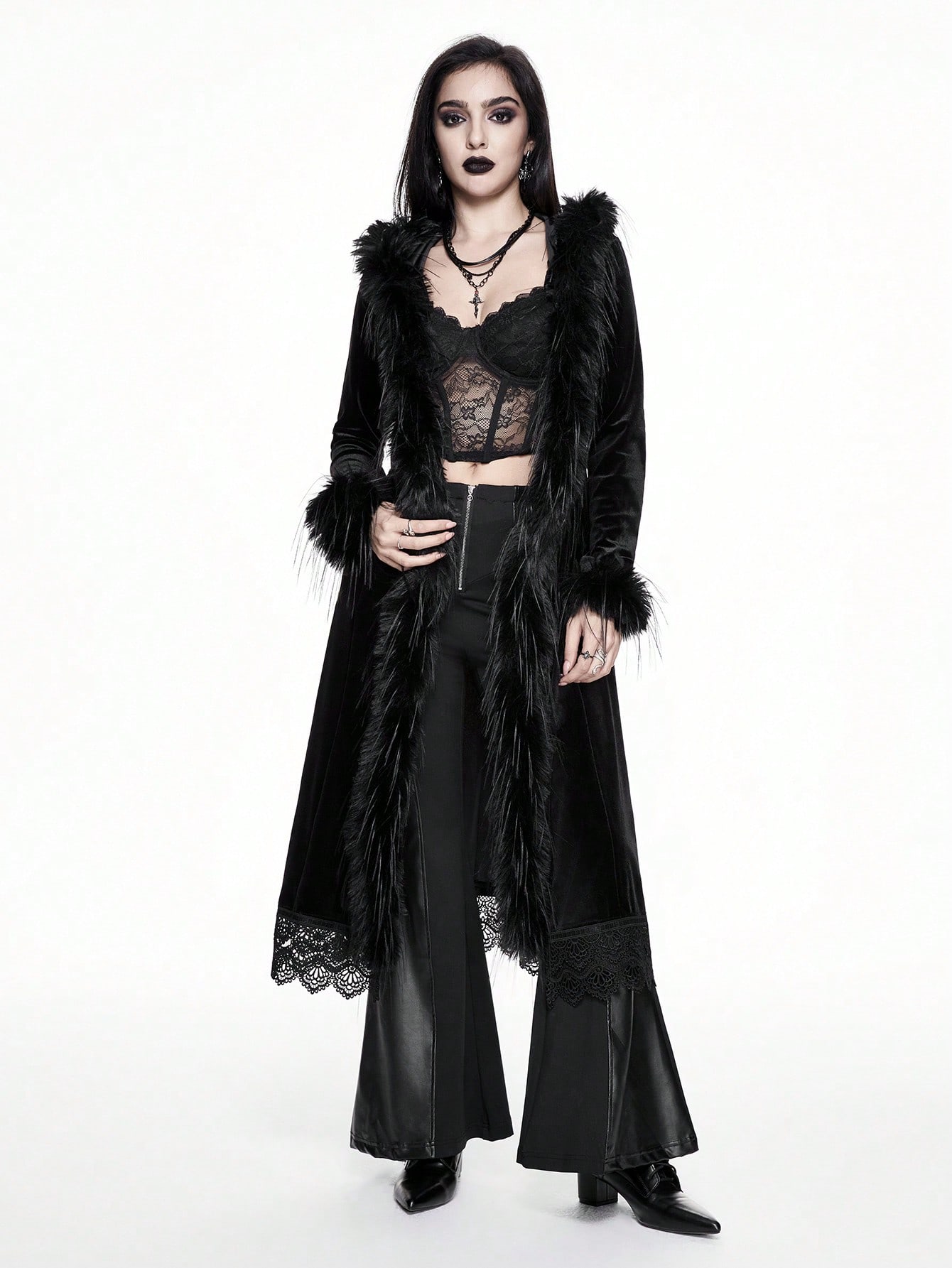 Goth New Year Gothic Style Fuzzy Patchwork Plush Solid Color Regular Jacket For Women, Warm Autumn/Winter