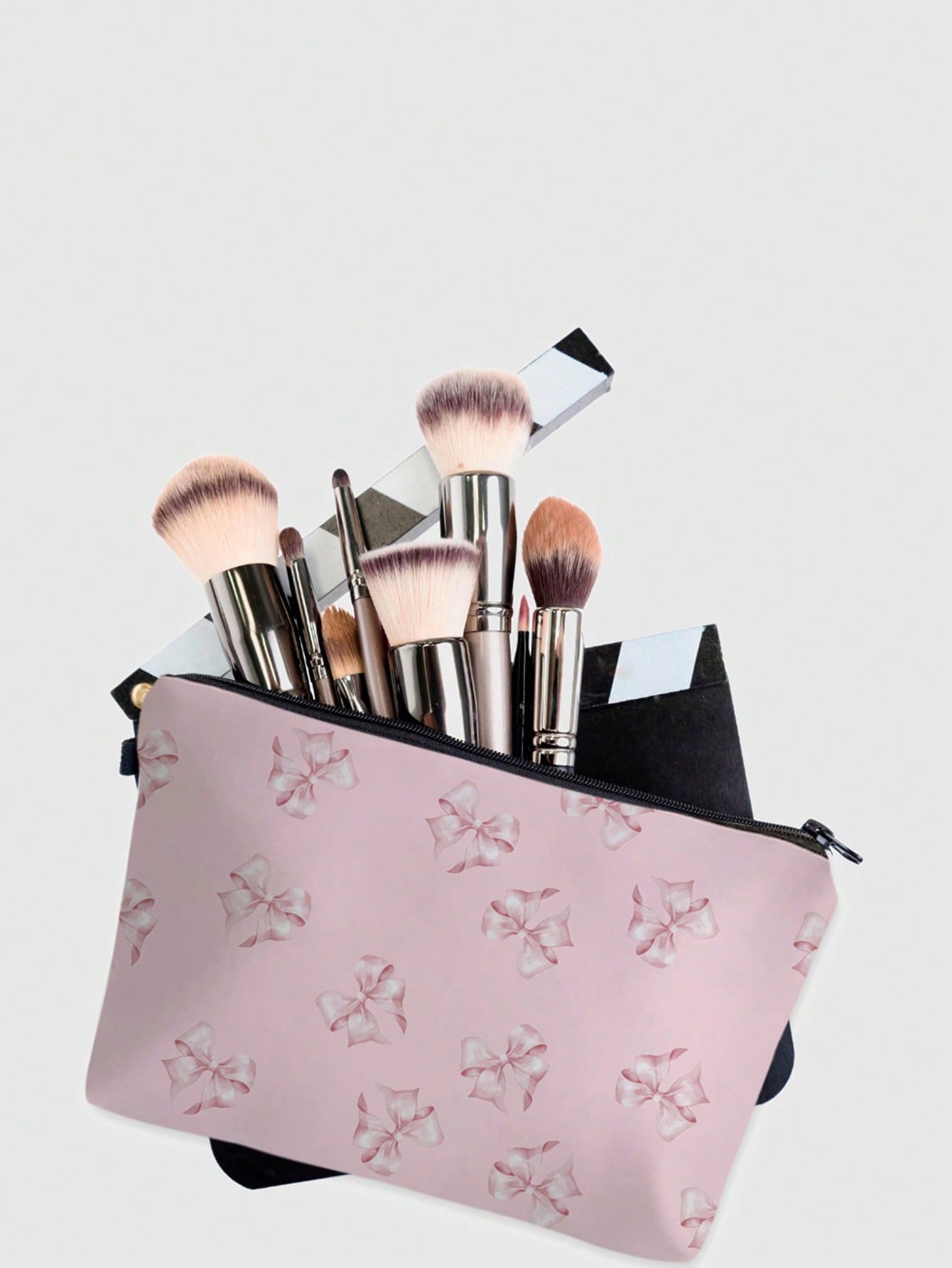 Kawaii Floral Design #401422 Pink Bow Pattern Polyester Portable Zipper Cosmetic Bag, Women's Makeup Bag Travel Organizer Toiletry Bag, Holiday Gift