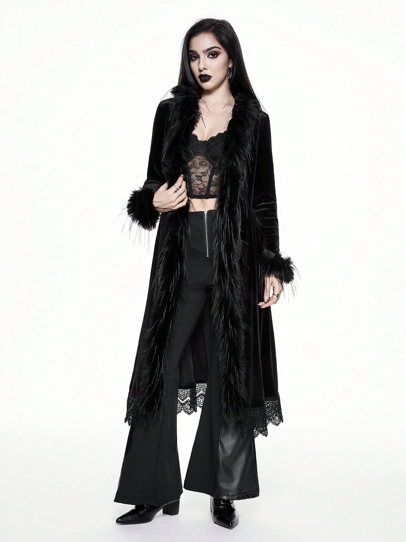 Goth New Year Gothic Style Fuzzy Patchwork Plush Solid Color Regular Jacket For Women, Warm Autumn/Winter