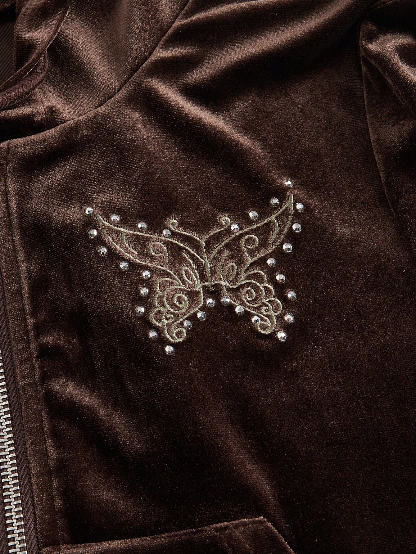J-Fashion Women's Y2K Sexy Velvet Hooded Two-Piece Set With Butterfly Embroidery & Rhinestones