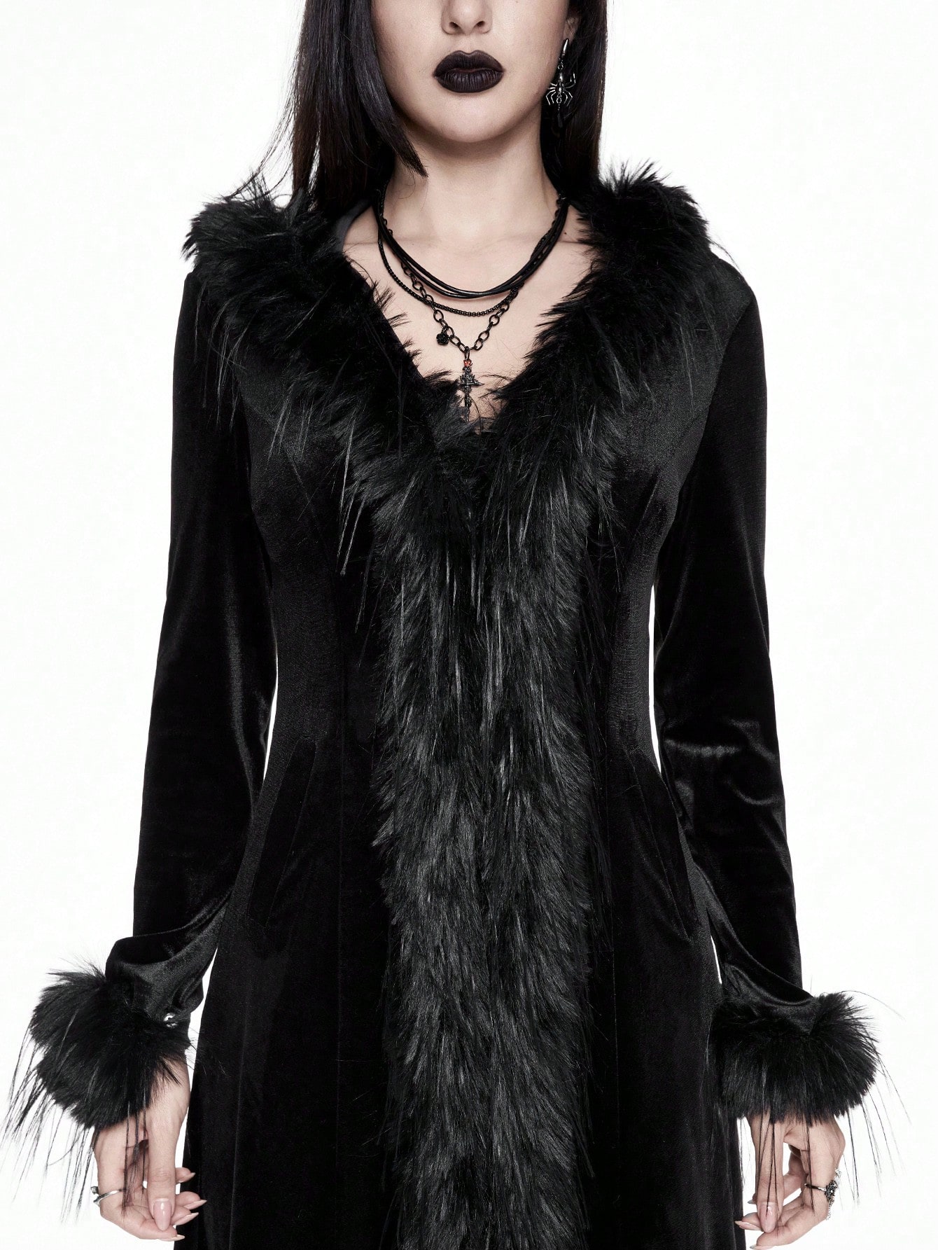 Goth New Year Gothic Style Fuzzy Patchwork Plush Solid Color Regular Jacket For Women, Warm Autumn/Winter