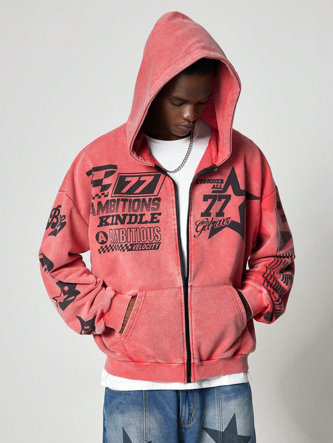 Street Life Men Racing Washed Vintage Effect Short Zip-Up Hoodie, Streetwear Style