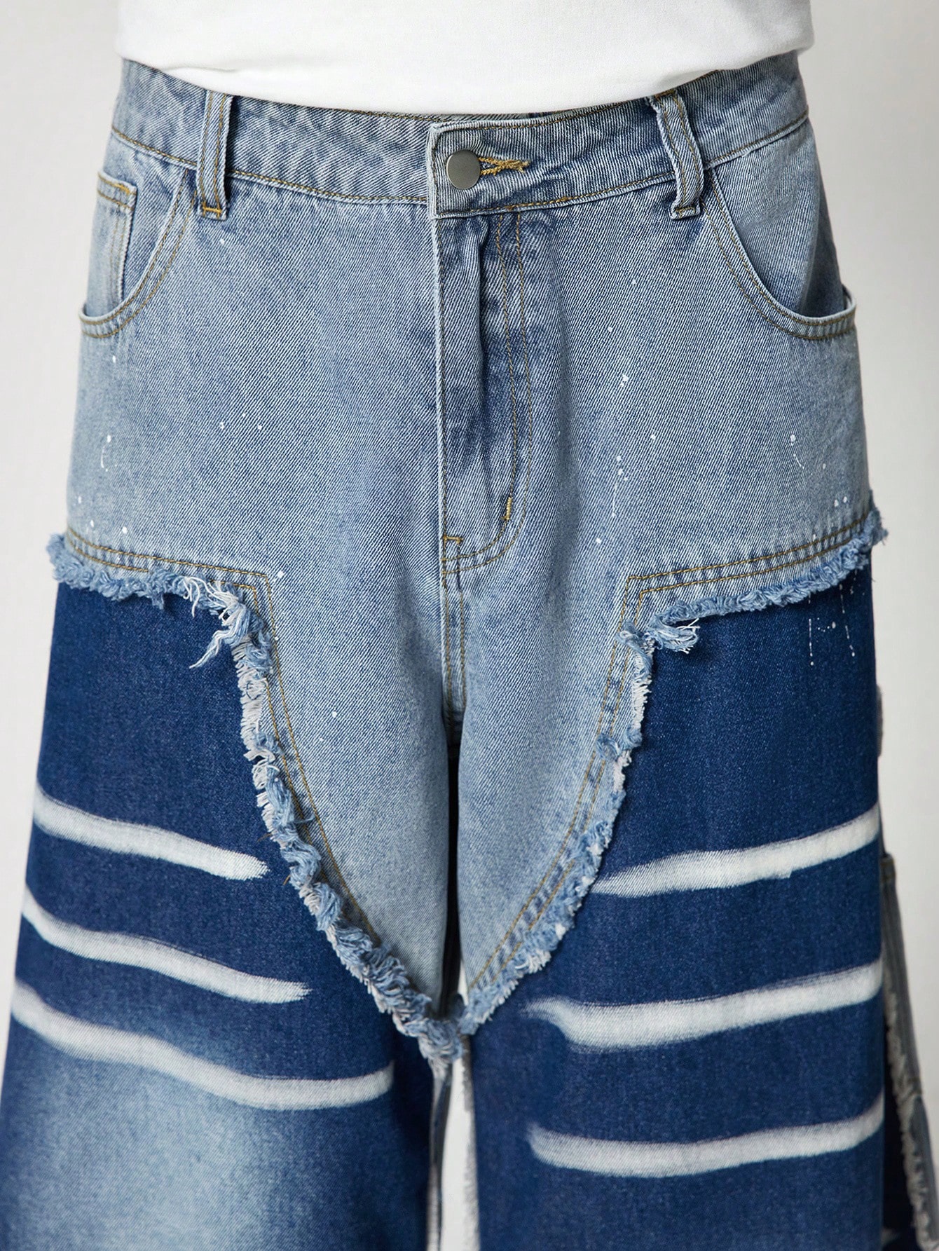 Street Life Men's Patchwork Frayed Edge Colorblock Insert Pocket Loose Wide Leg Casual Jeans