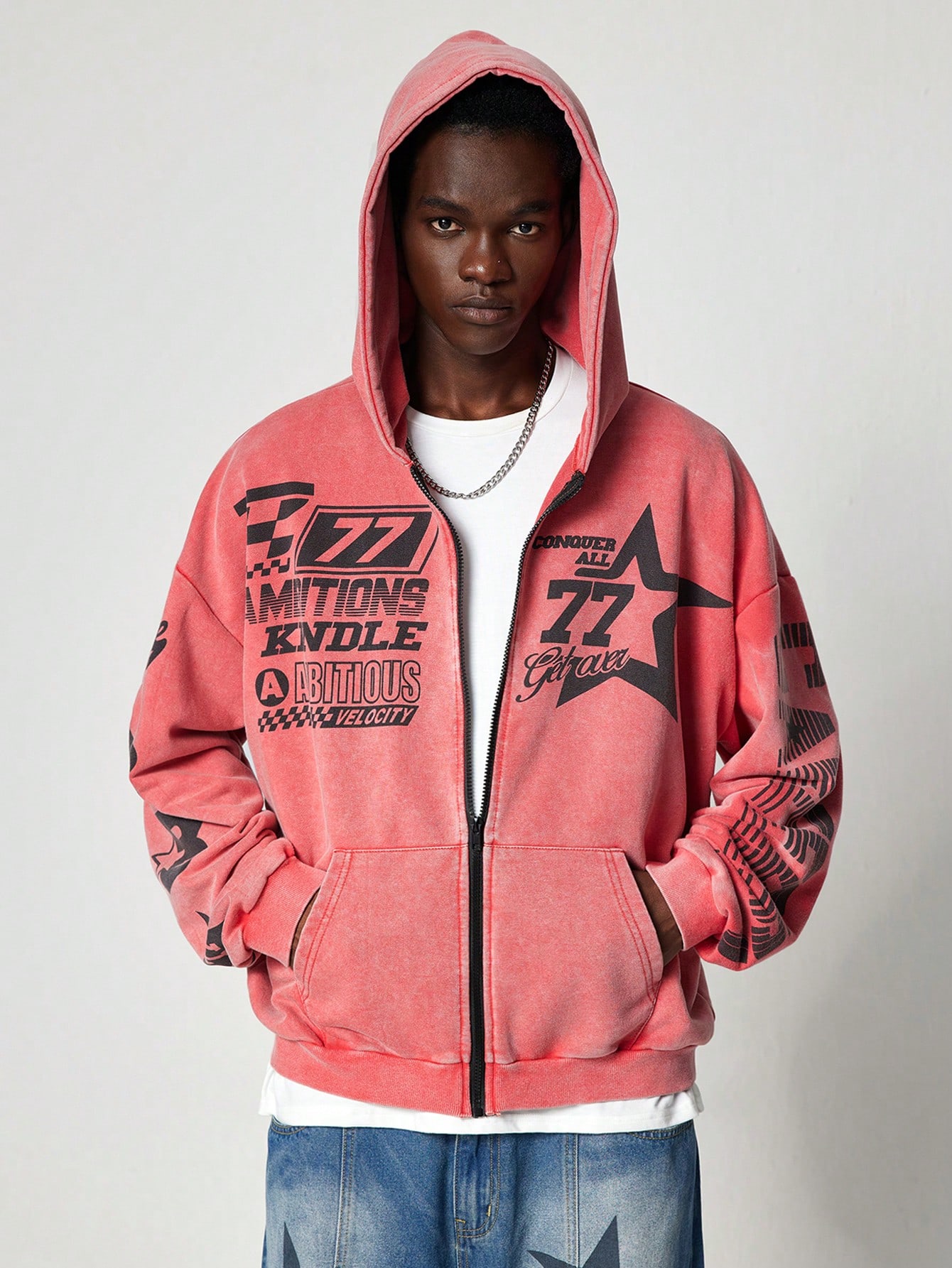 Street Life Men Racing Washed Vintage Effect Short Zip-Up Hoodie, Streetwear Style