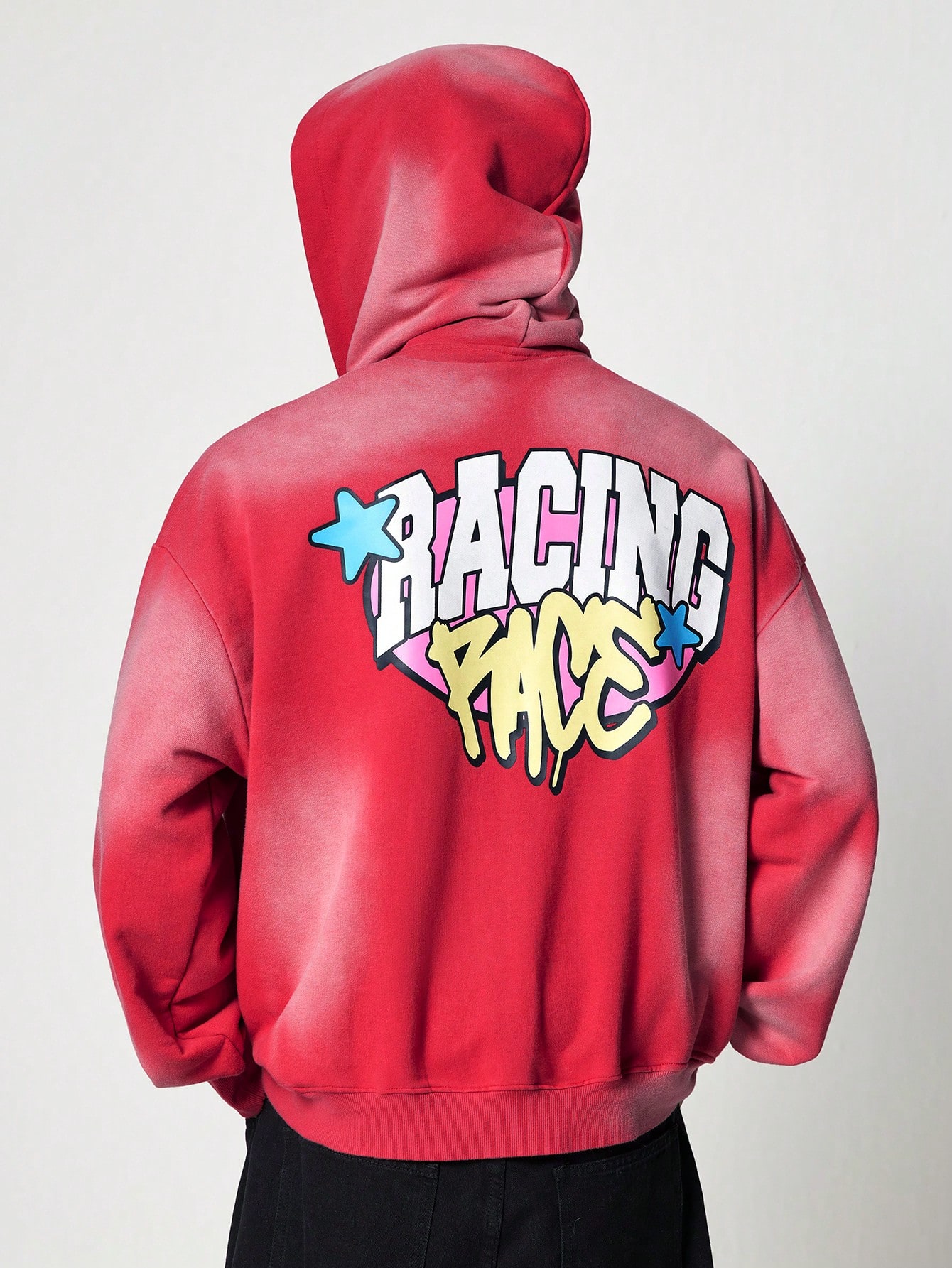 Street Life Men Washed Contrast Color Pocket Cartoon Patch Hooded Zipper Front Long Sleeve Sweatshirt