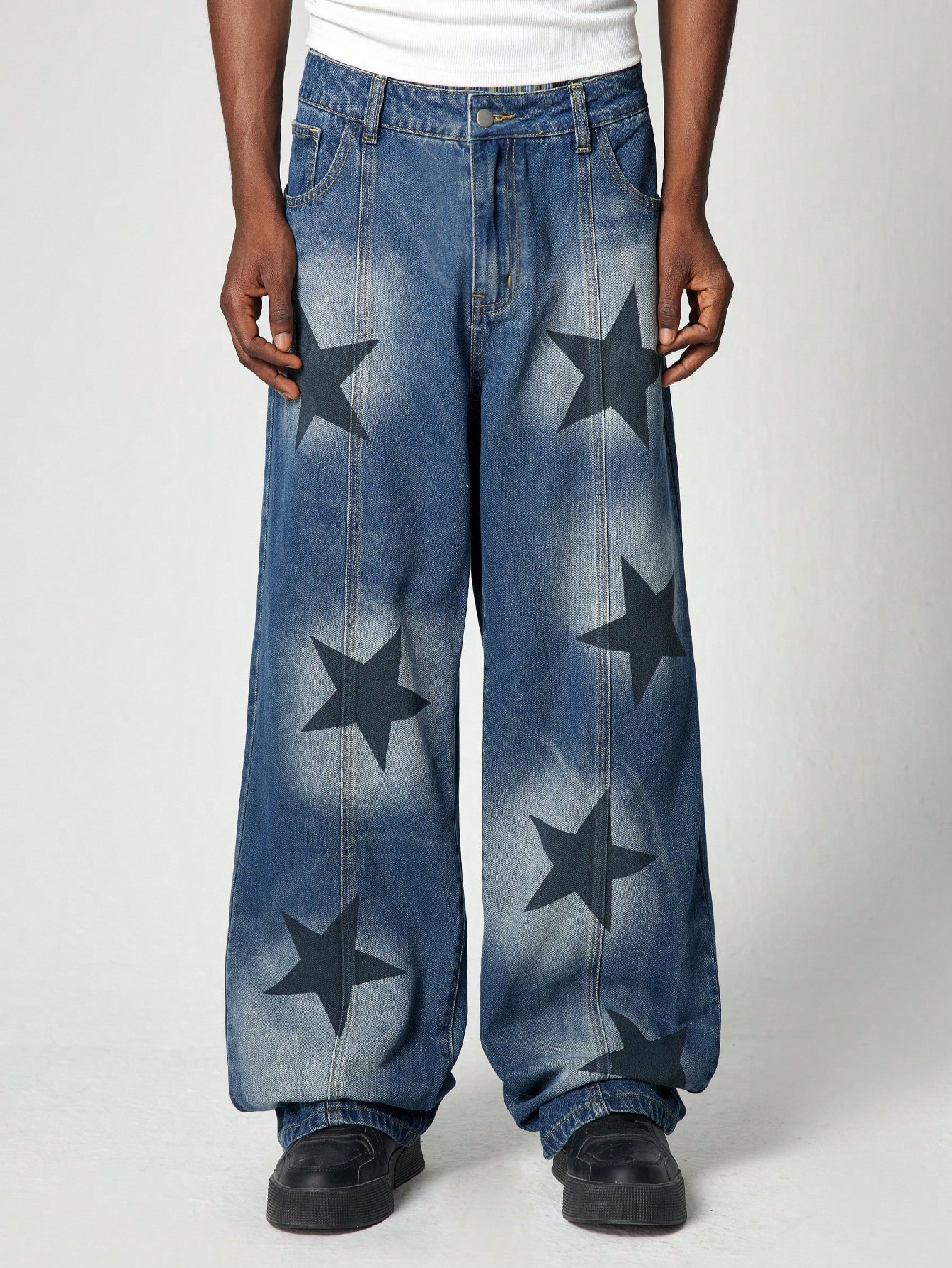Street Life Men's Casual Distressed Color Block Star Print Baggy Denim Jeans