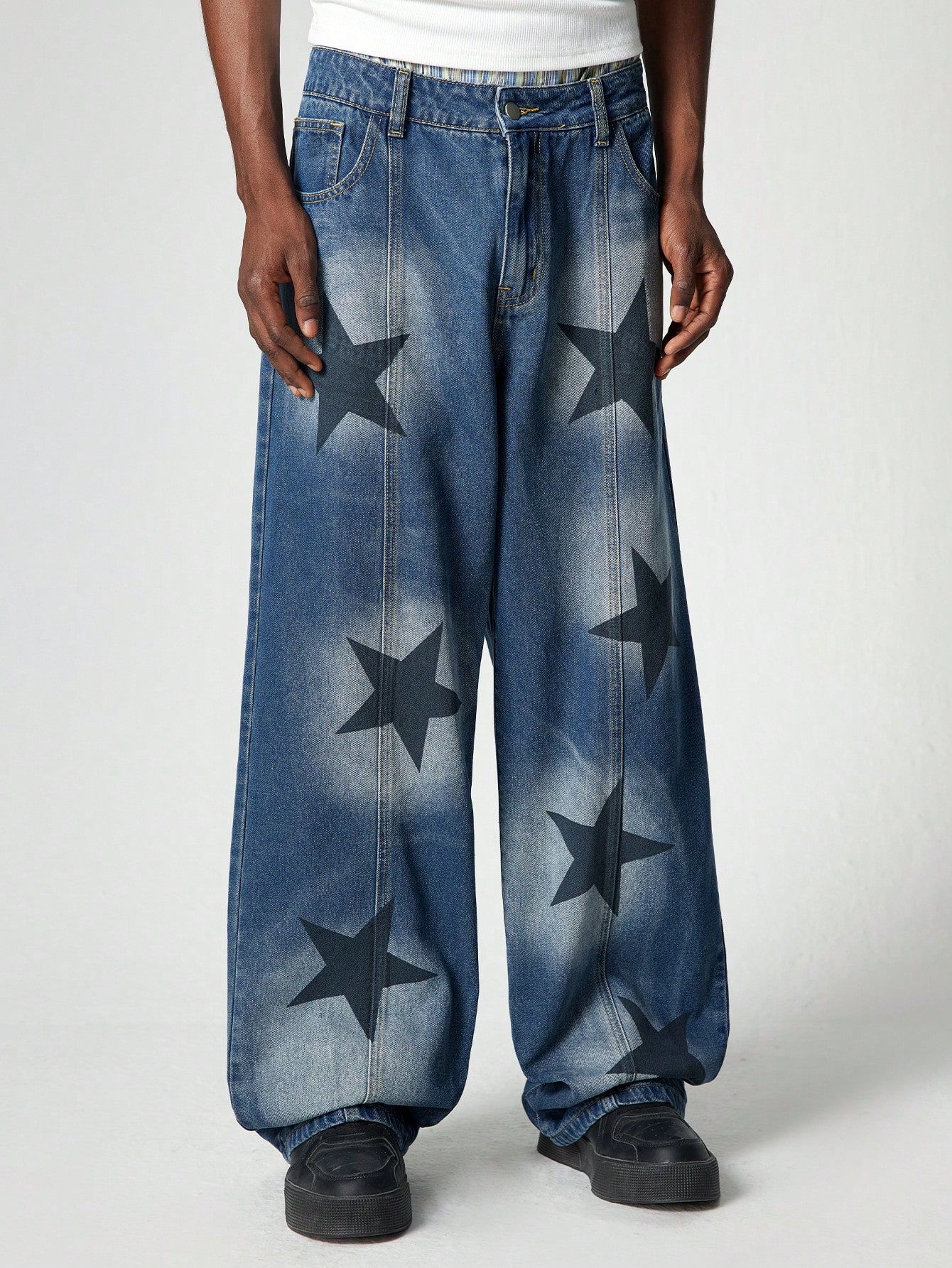 Street Life Men's Casual Distressed Color Block Star Print Baggy Denim Jeans