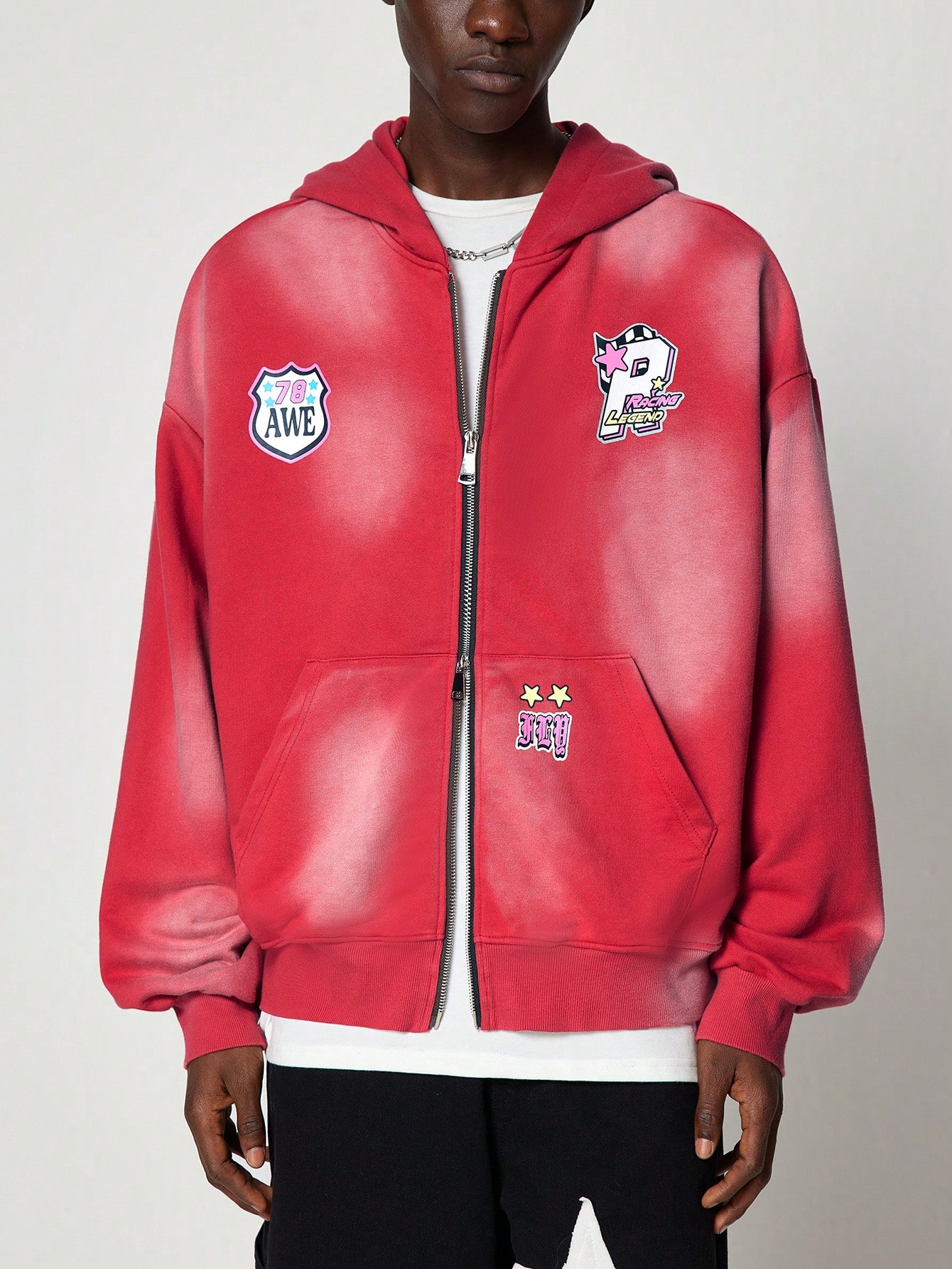 Street Life Men Washed Contrast Color Pocket Cartoon Patch Hooded Zipper Front Long Sleeve Sweatshirt