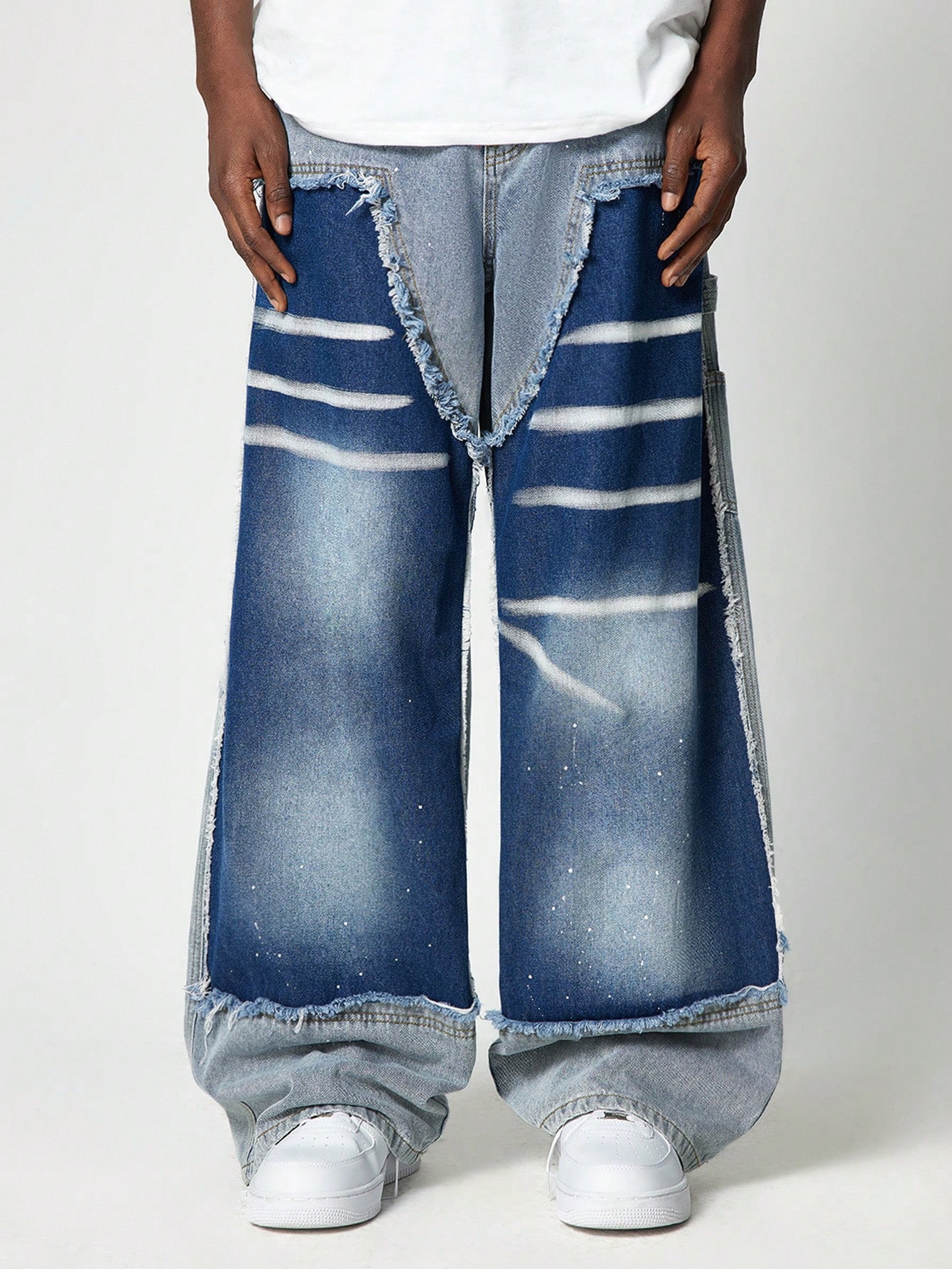 Street Life Men's Patchwork Frayed Edge Colorblock Insert Pocket Loose Wide Leg Casual Jeans