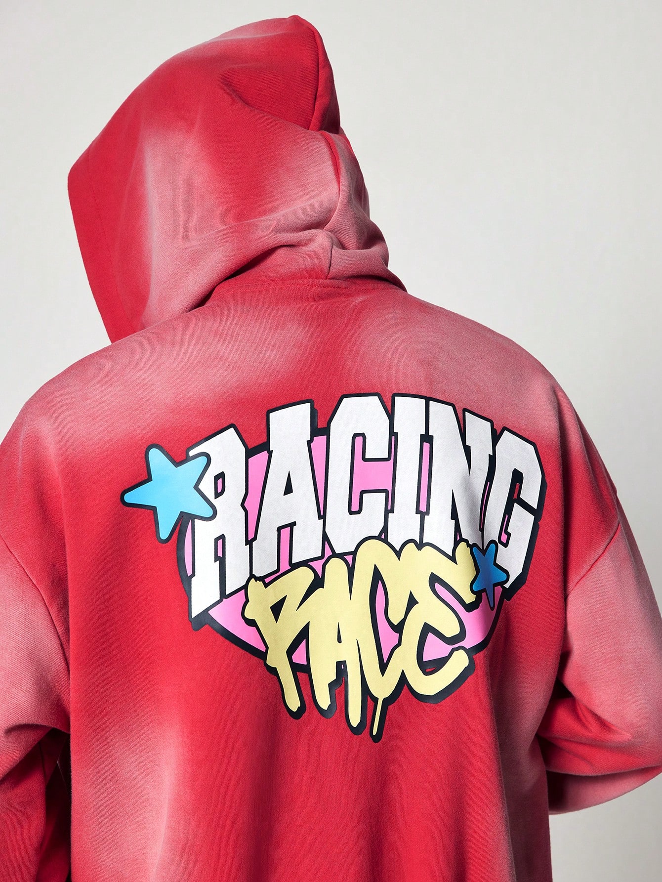 Street Life Men Washed Contrast Color Pocket Cartoon Patch Hooded Zipper Front Long Sleeve Sweatshirt