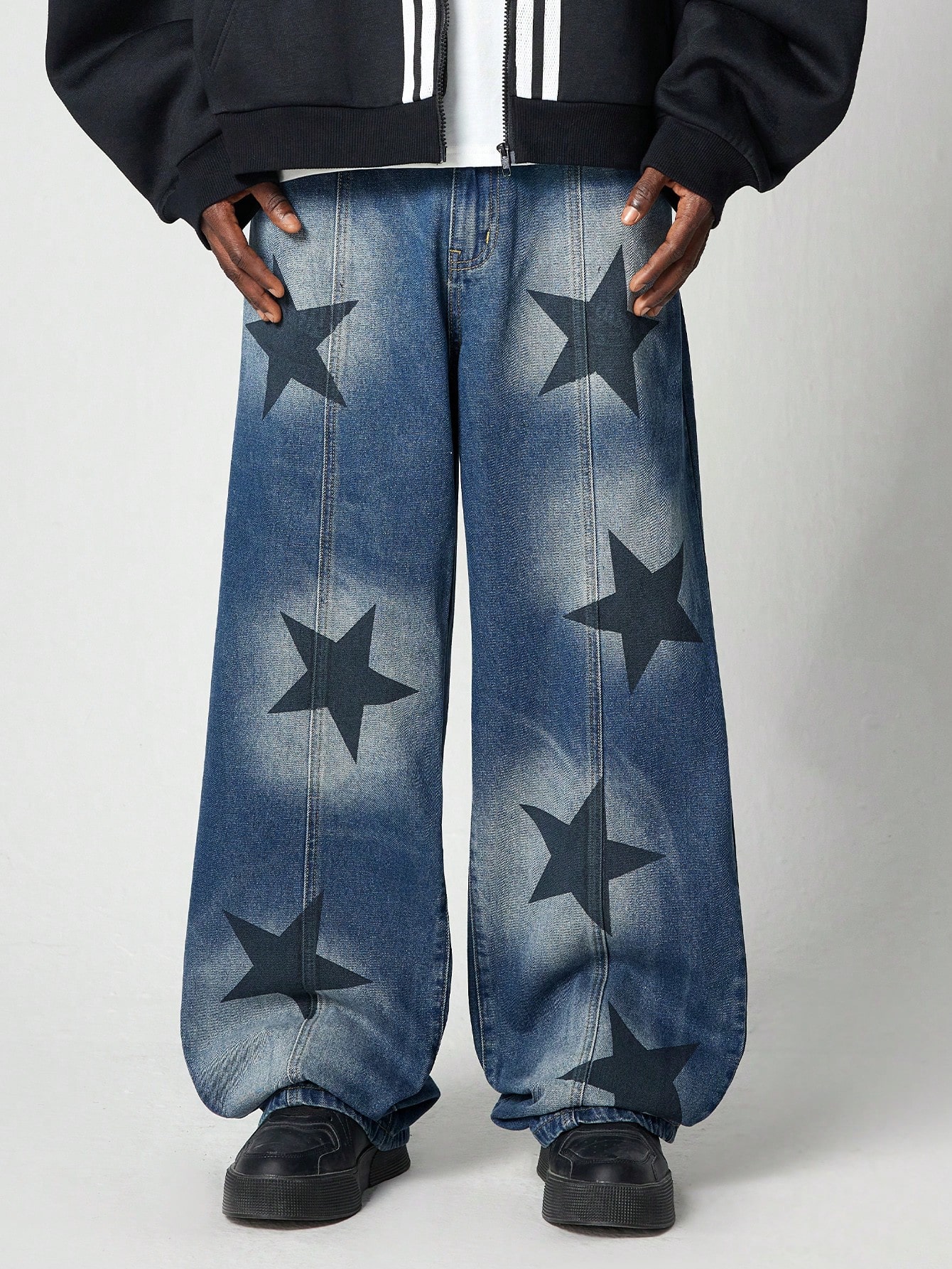 Street Life Men's Casual Distressed Color Block Star Print Baggy Denim Jeans