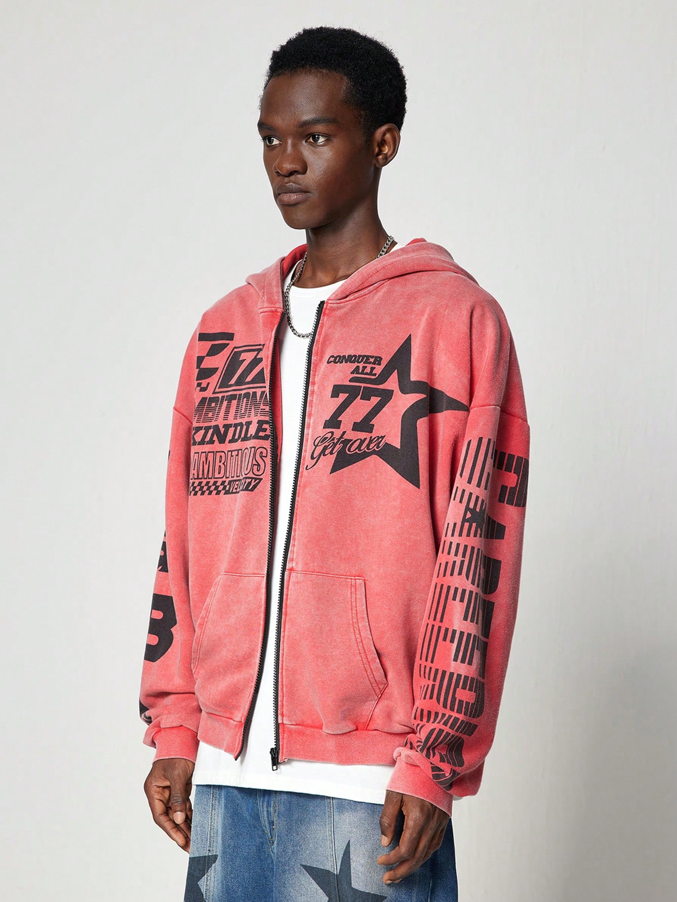 Street Life Men Racing Washed Vintage Effect Short Zip-Up Hoodie, Streetwear Style