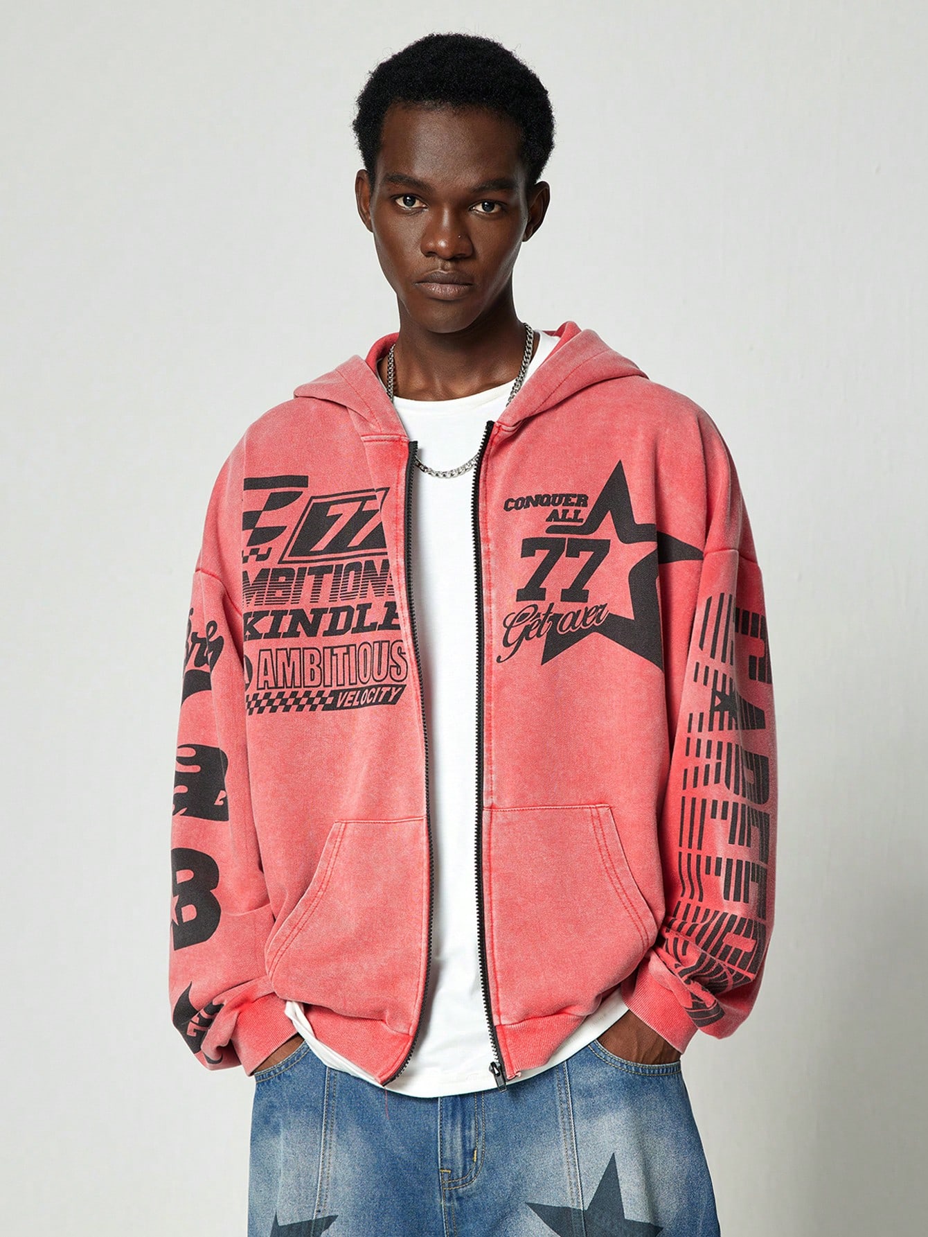 Street Life Men Racing Washed Vintage Effect Short Zip-Up Hoodie, Streetwear Style