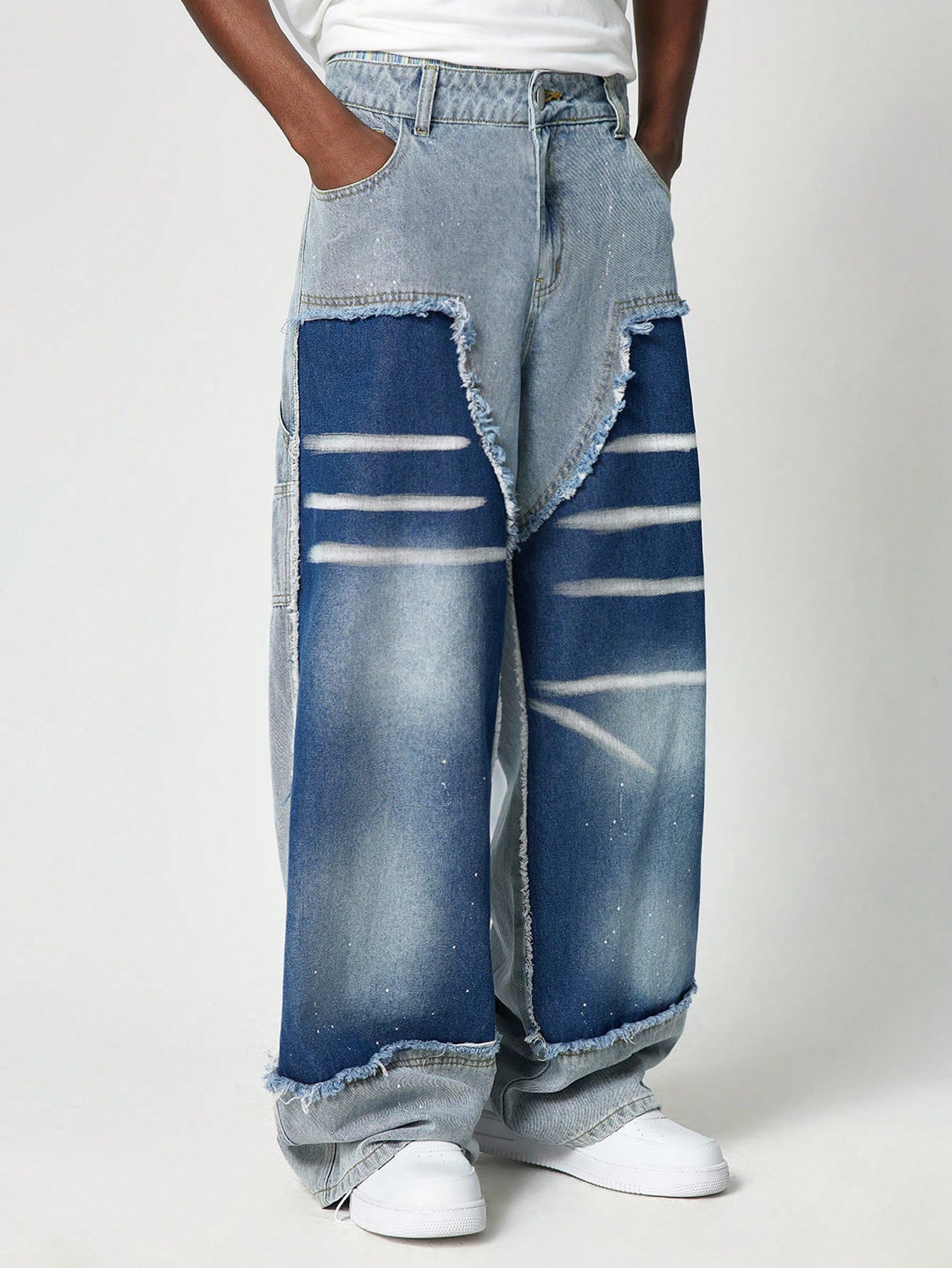 Street Life Men's Patchwork Frayed Edge Colorblock Insert Pocket Loose Wide Leg Casual Jeans