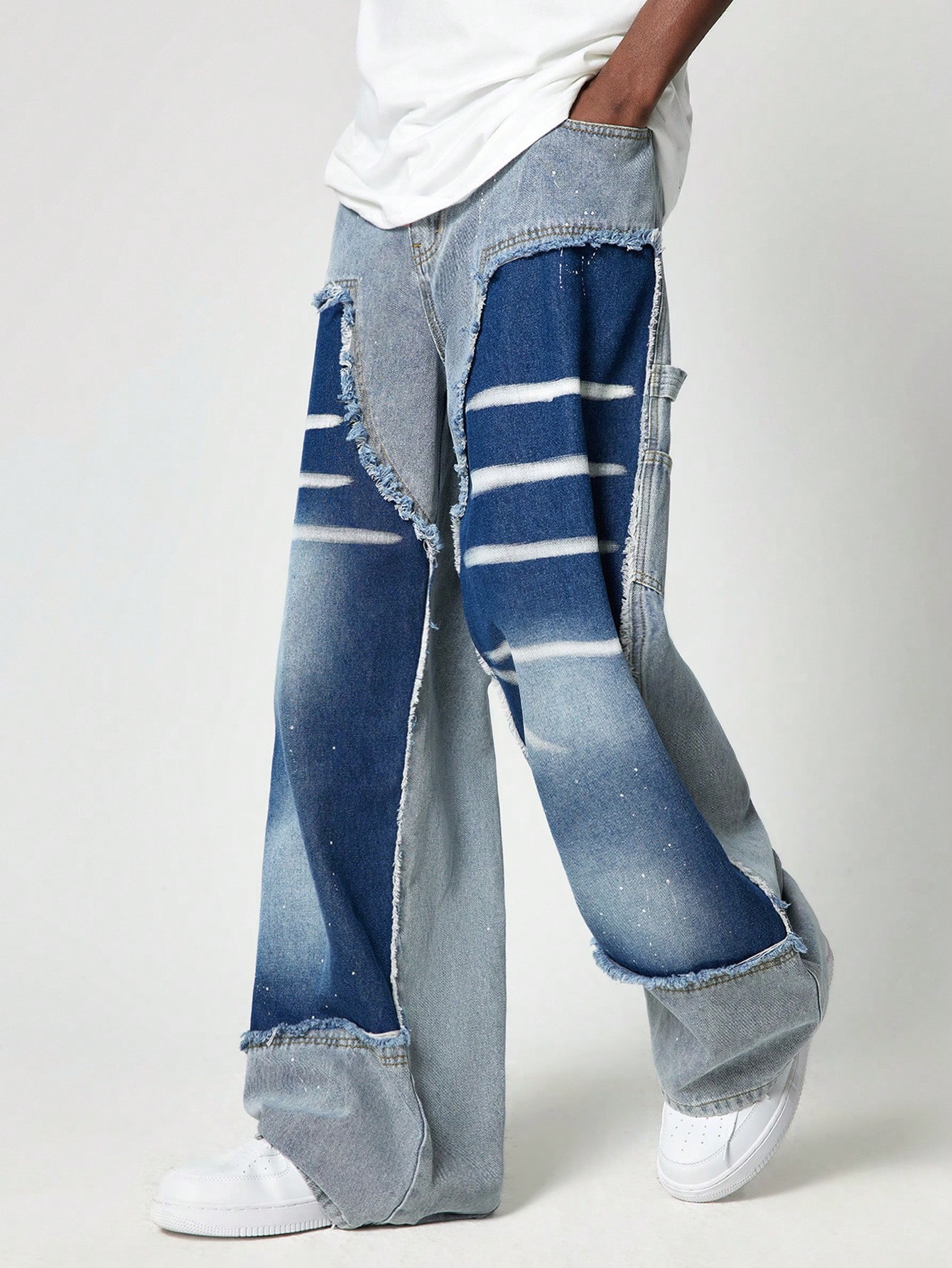 Street Life Men's Patchwork Frayed Edge Colorblock Insert Pocket Loose Wide Leg Casual Jeans