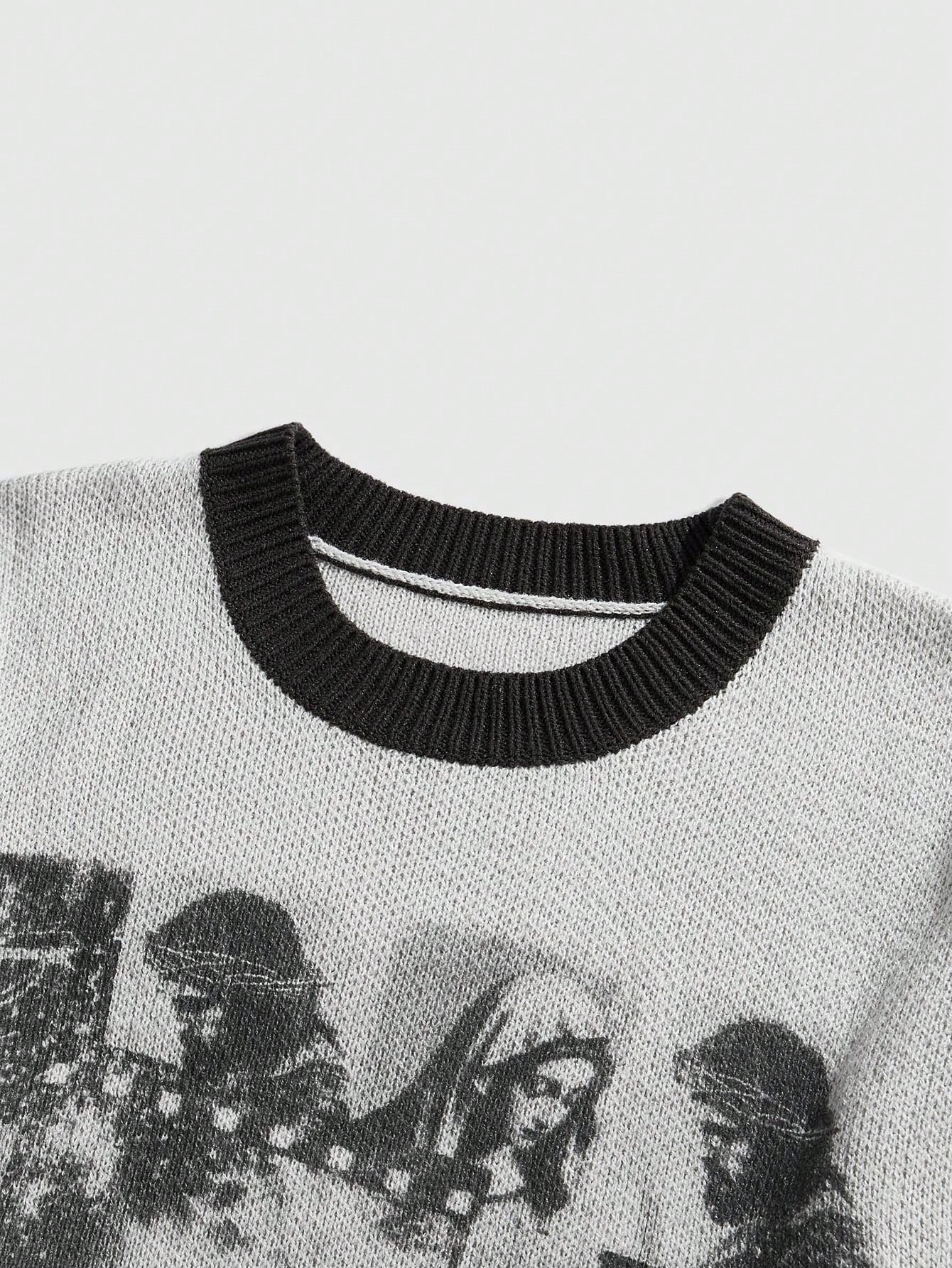 Street Life Men Vintage Print Round Neck Loose Fit Pullover Sweater