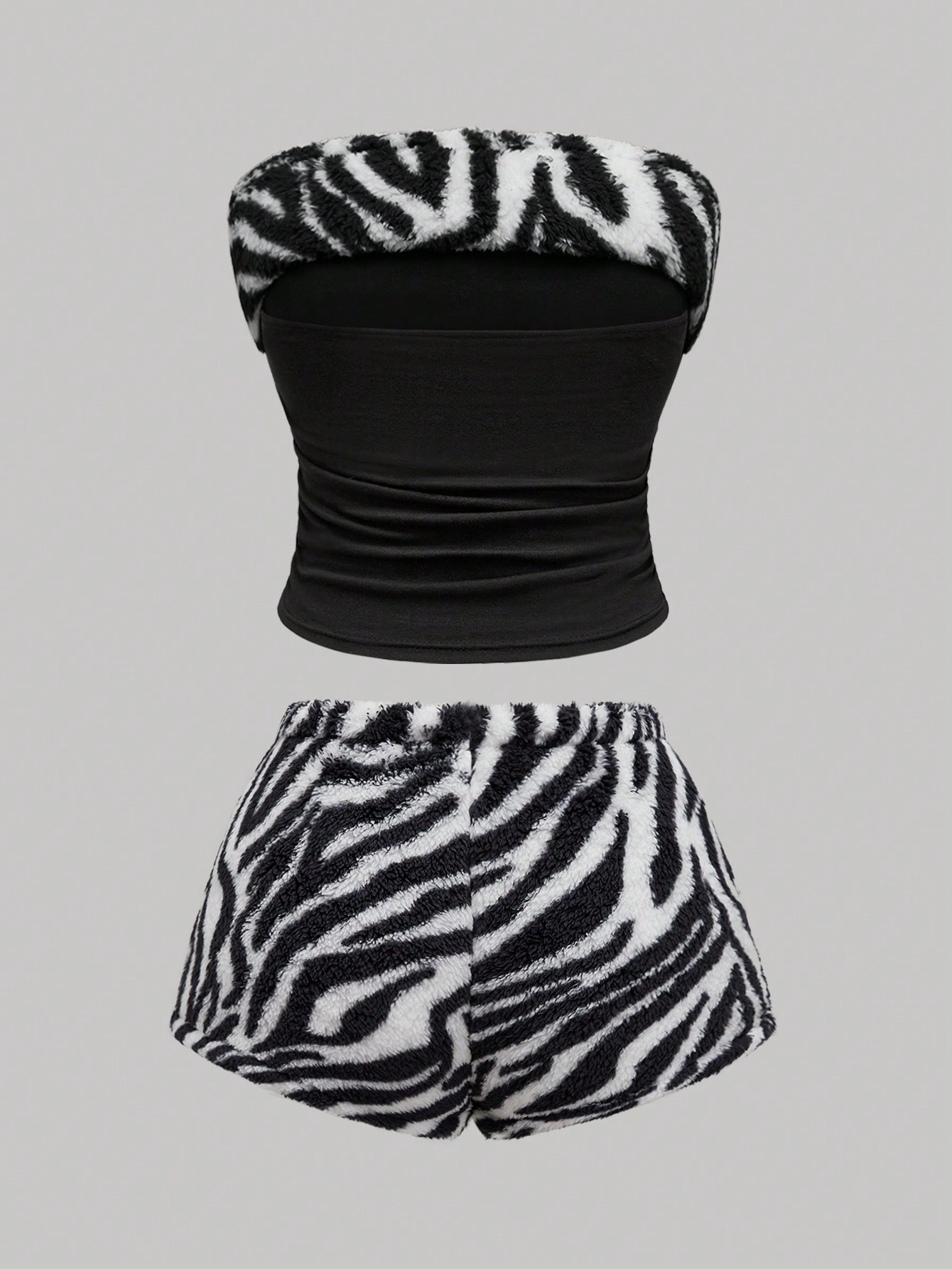 J-Fashion Y2K Zebra Print Rhinestone Plush Camisole And Shorts 2pcs Set For Women, Casual Loungewear