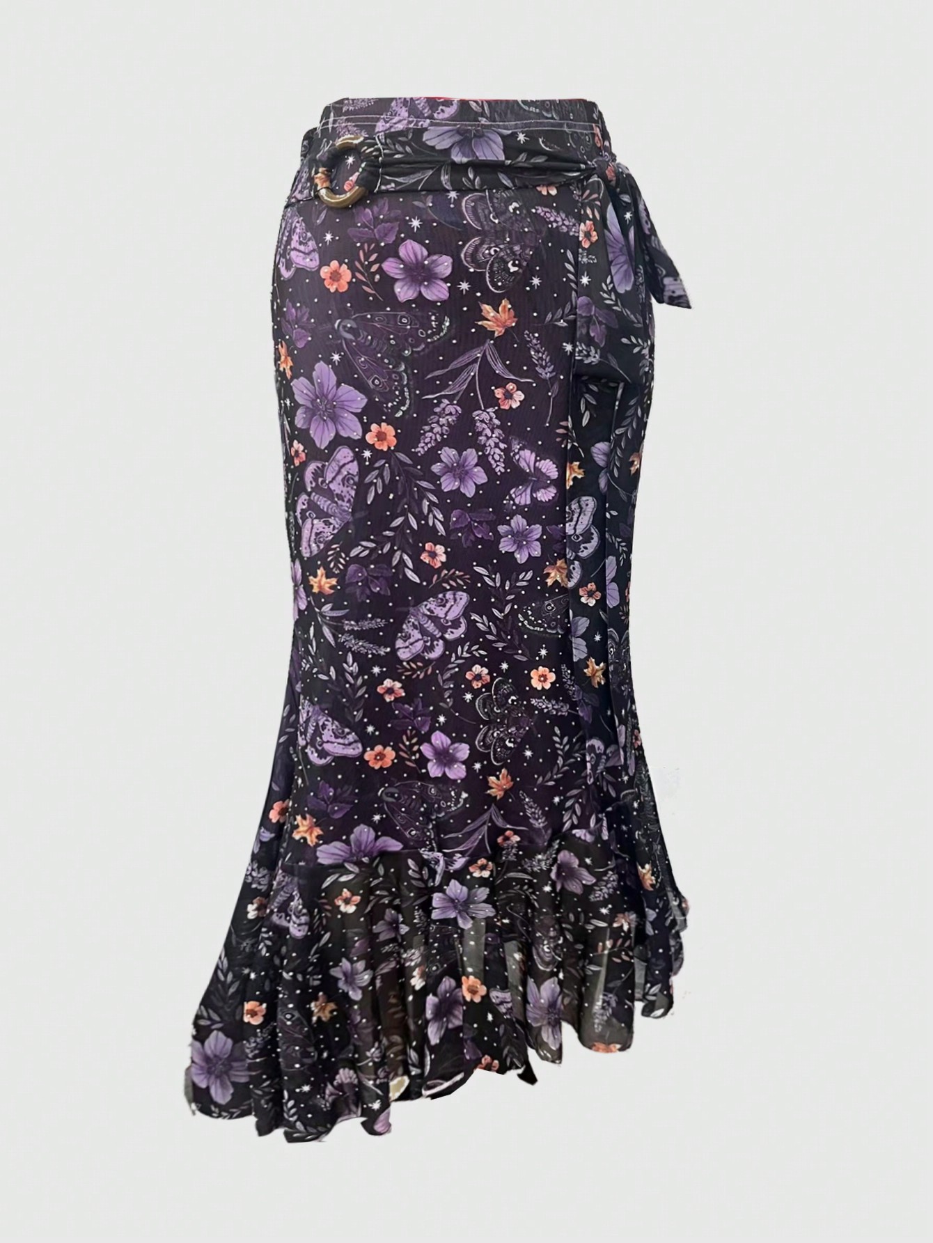 Fairycore Plus Size Fashion Flower & Moth Print Ruffled Hem Skirt