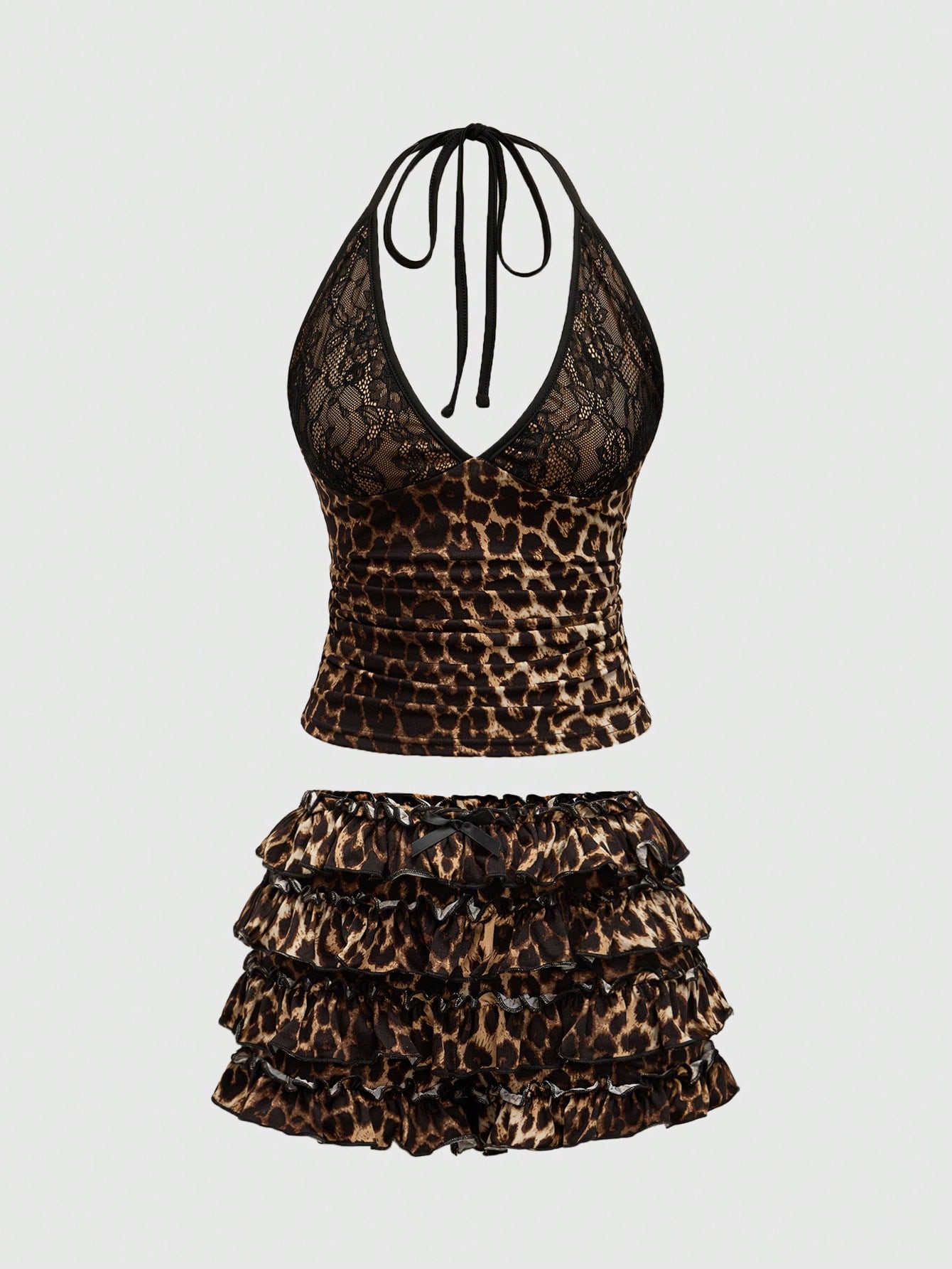 J-Fashion 2pcs Women Lace Patchwork Halter Neck Tied Back Top And Mini Skirt Set