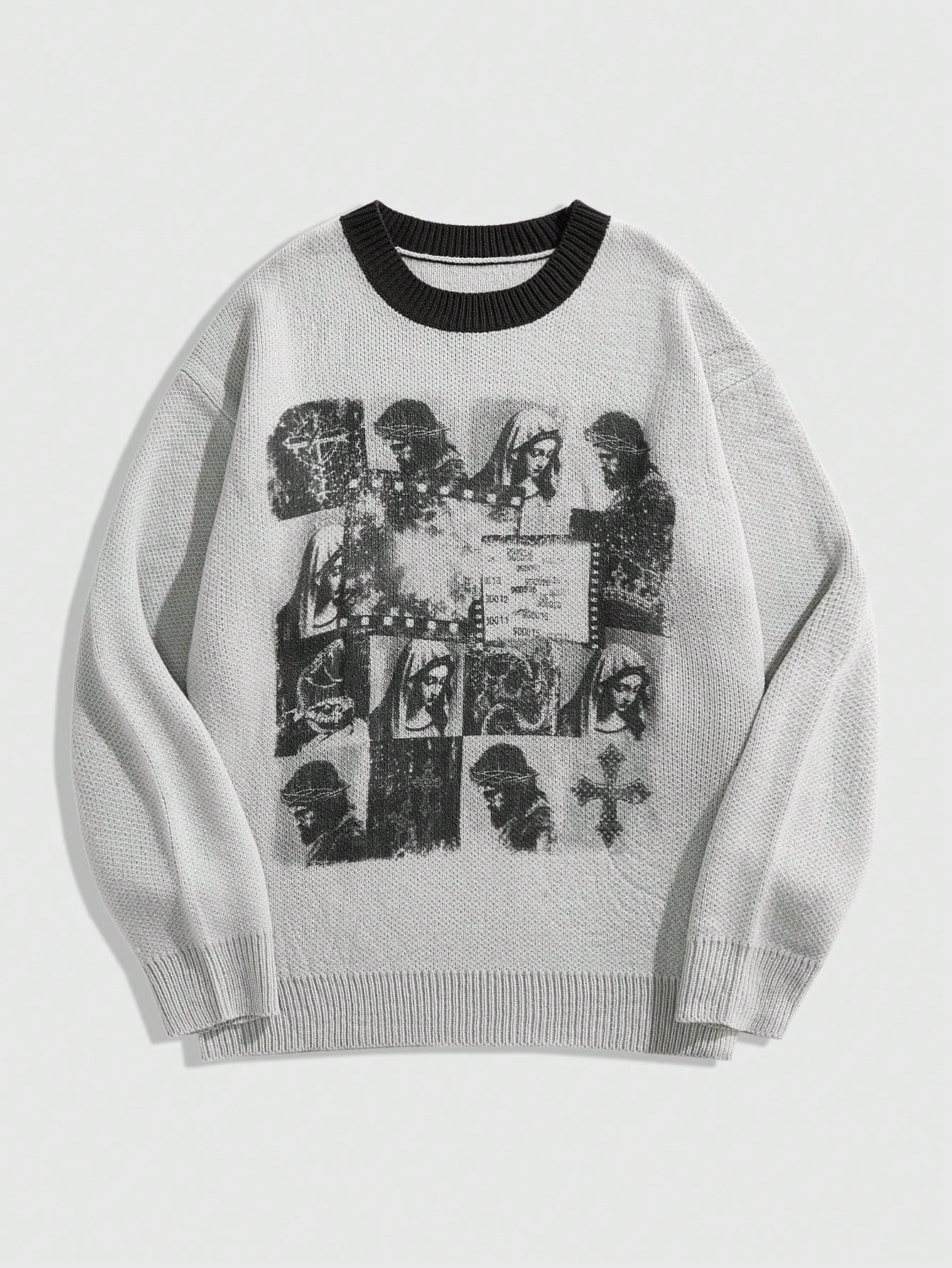 Street Life Men Vintage Print Round Neck Loose Fit Pullover Sweater