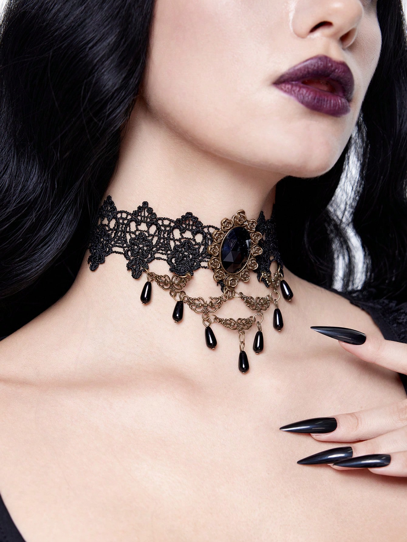 Goth Classic Retro Black Lace Rose Flower Rhinestone Choker Necklace Valentines