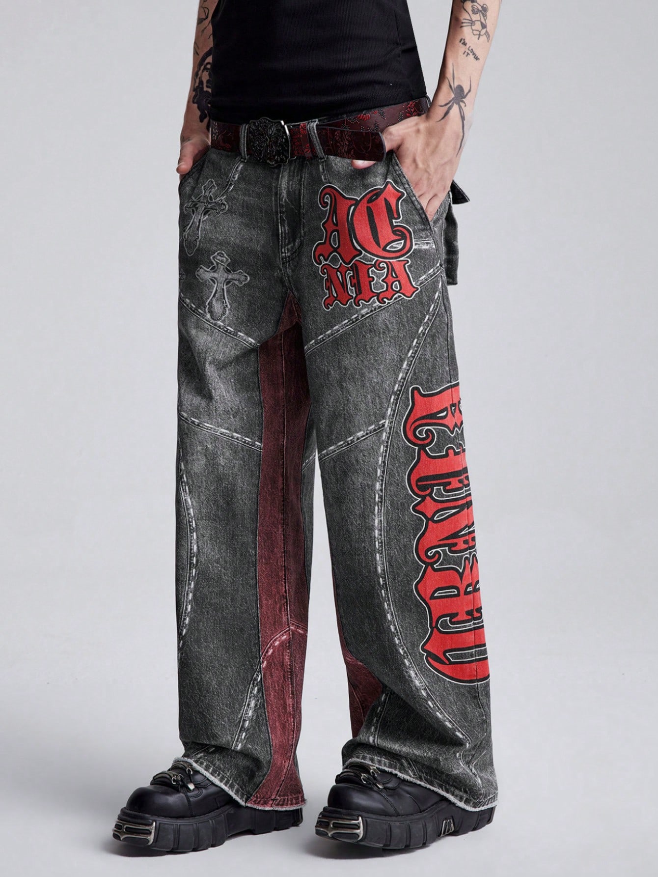 Grunge Punk Men's Casual Loose Fit Letter Print Washed Denim Jeans