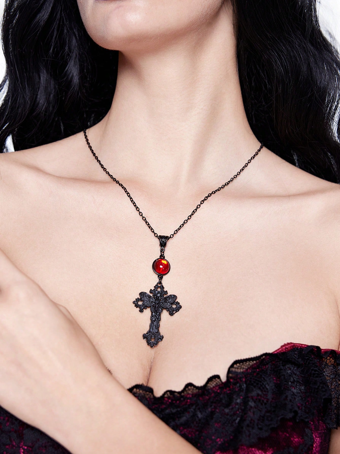Goth Gothic Cross And Moth Pendant Necklace, Punk Style