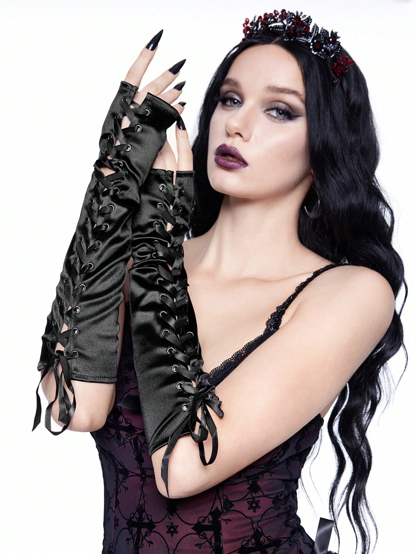 Goth 1 Pair Dark Goth Style Lace-Up Fingerless Gloves, Punk Arm Cuffs, Suitable For Party Cosplay Outfit